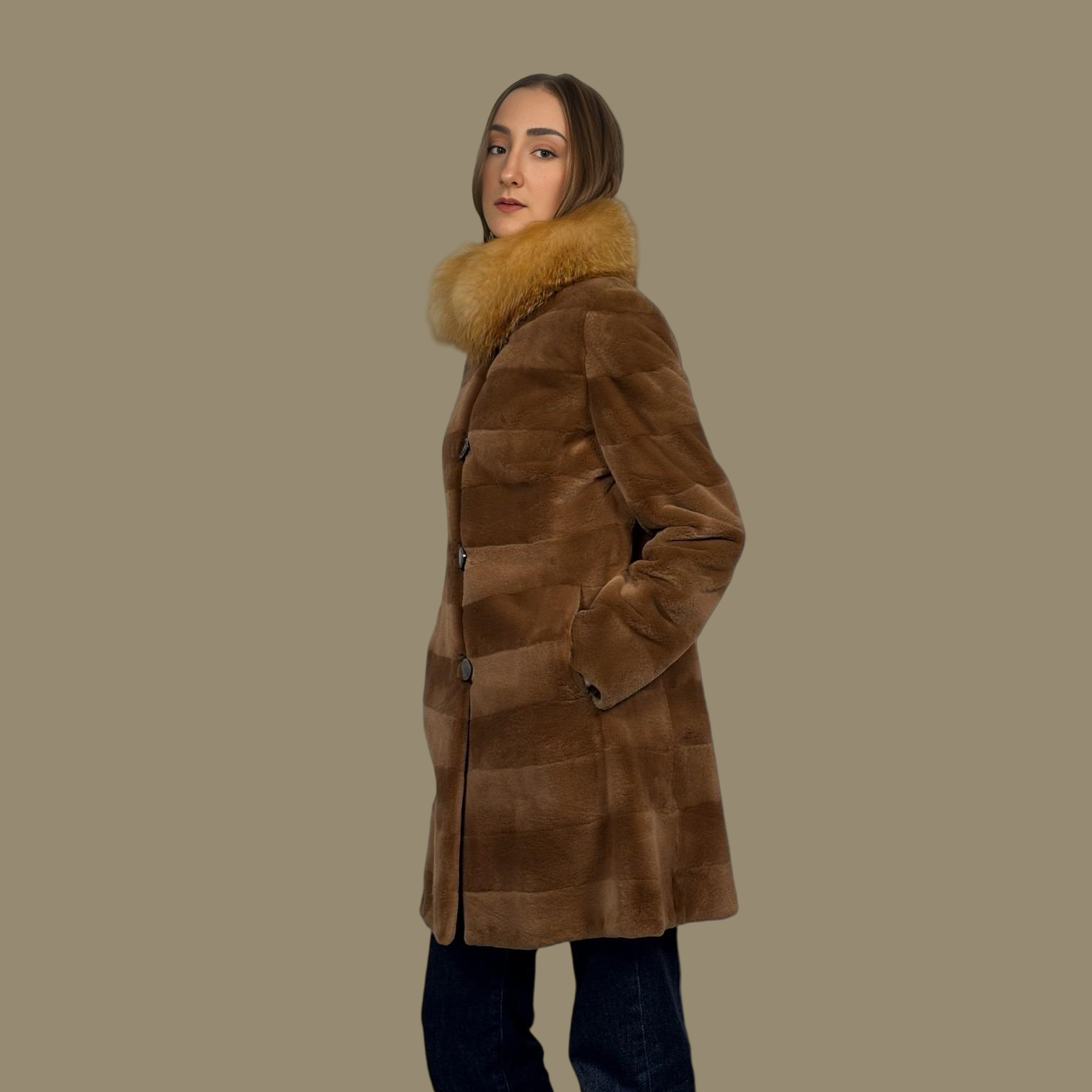 Horizontal Brown Sheared Female Mink Jacket - Red Fox Collar-Reversible to taffeta