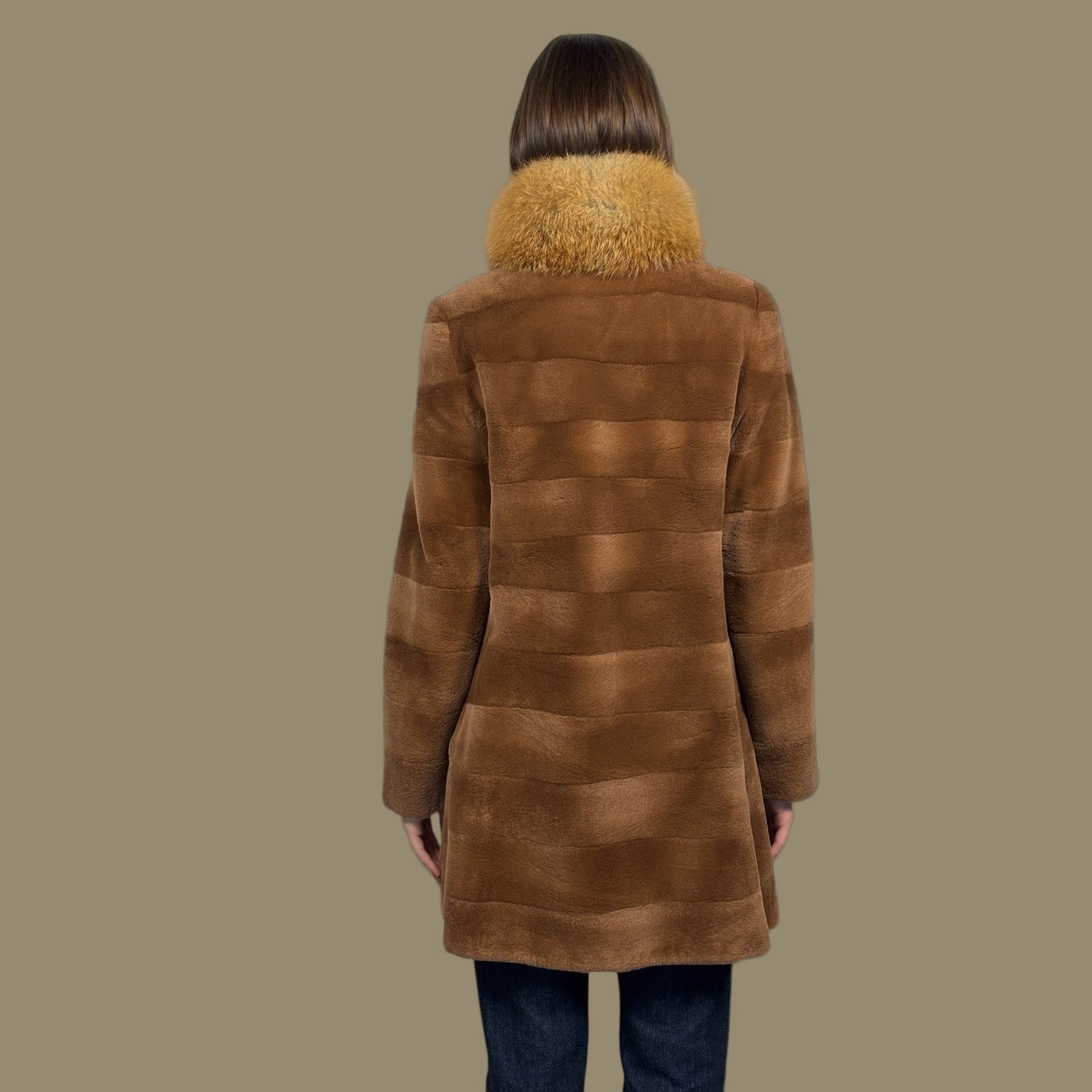 Horizontal Brown Sheared Female Mink Jacket - Red Fox Collar-Reversible to taffeta