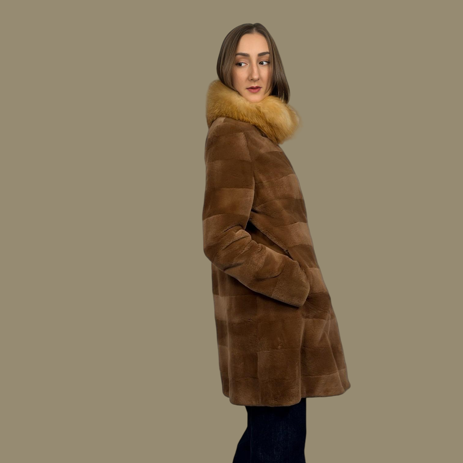 Horizontal Brown Sheared Female Mink Jacket - Red Fox Collar-Reversible to taffeta
