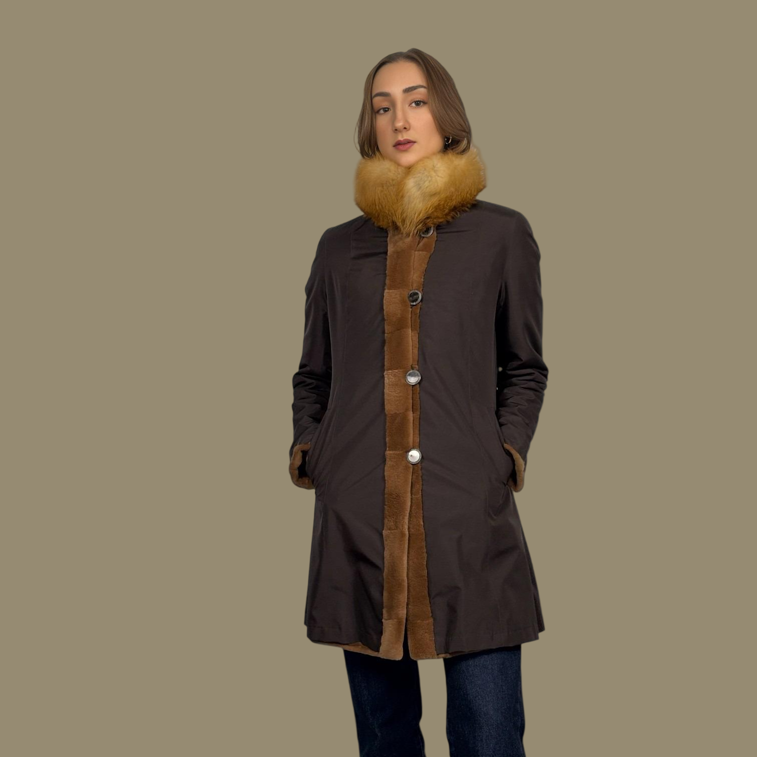 Horizontal Brown Sheared Female Mink Jacket - Red Fox Collar-Reversible to taffeta
