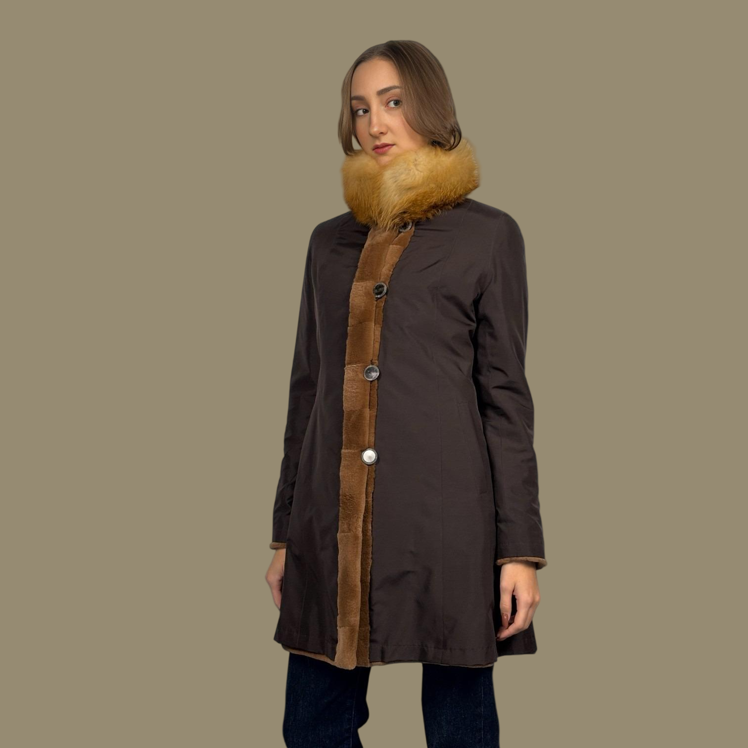 Horizontal Brown Sheared Female Mink Jacket - Red Fox Collar-Reversible to taffeta