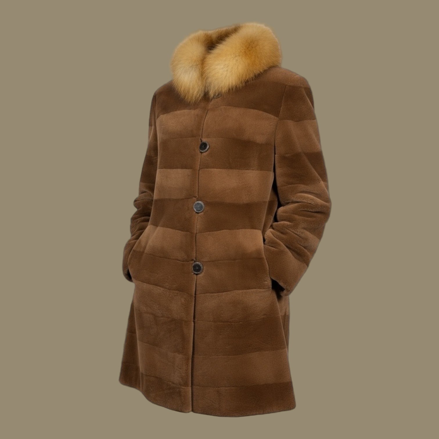 Horizontal Brown Sheared Female Mink Jacket - Red Fox Collar-Reversible to taffeta