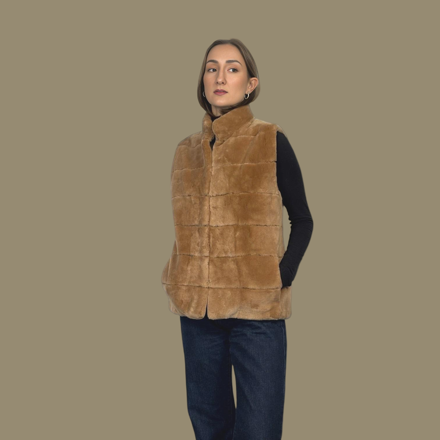 Camel Dyed Sheared Beaver Vest - Reversible