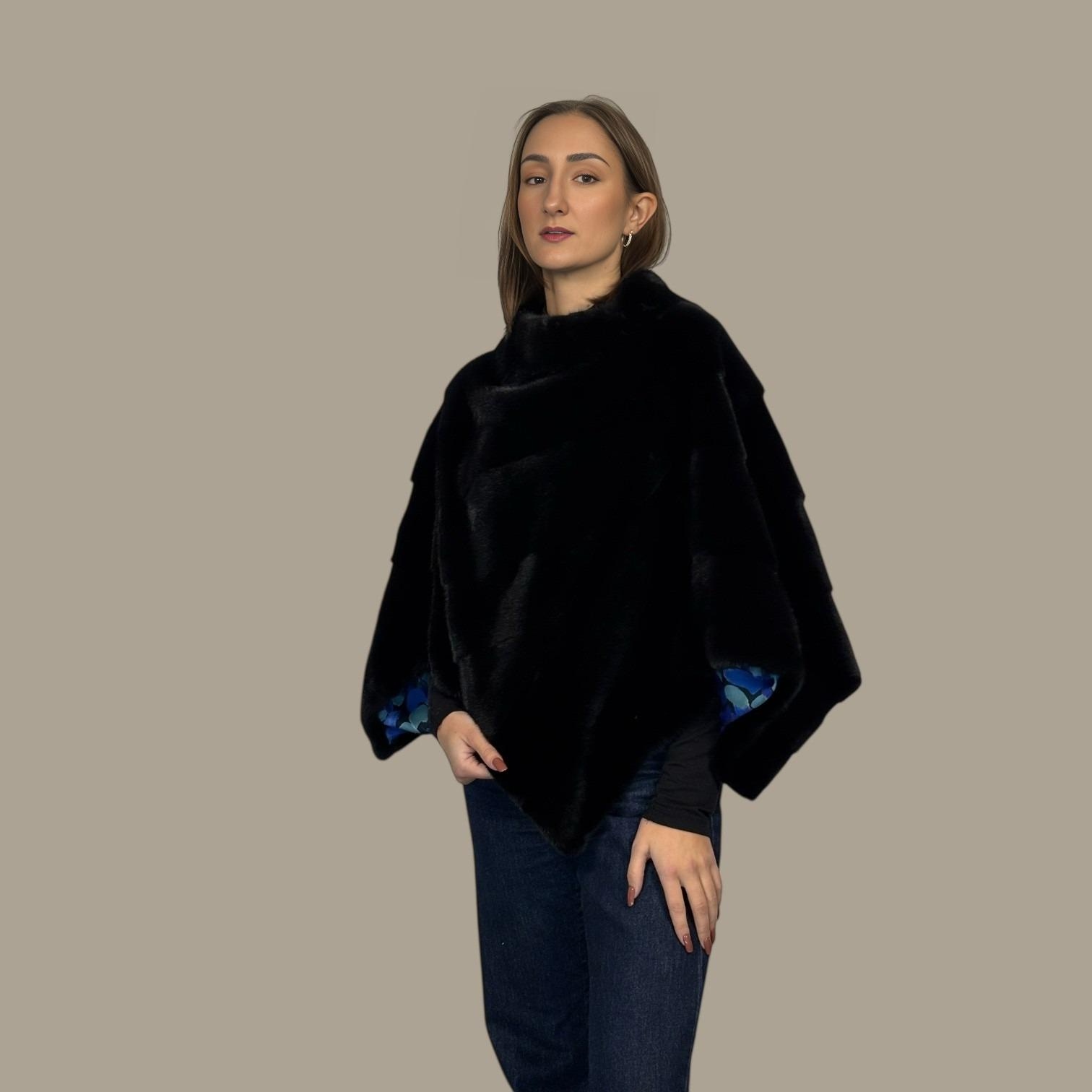 Diagonal Black Mink Cape - Side Ziper