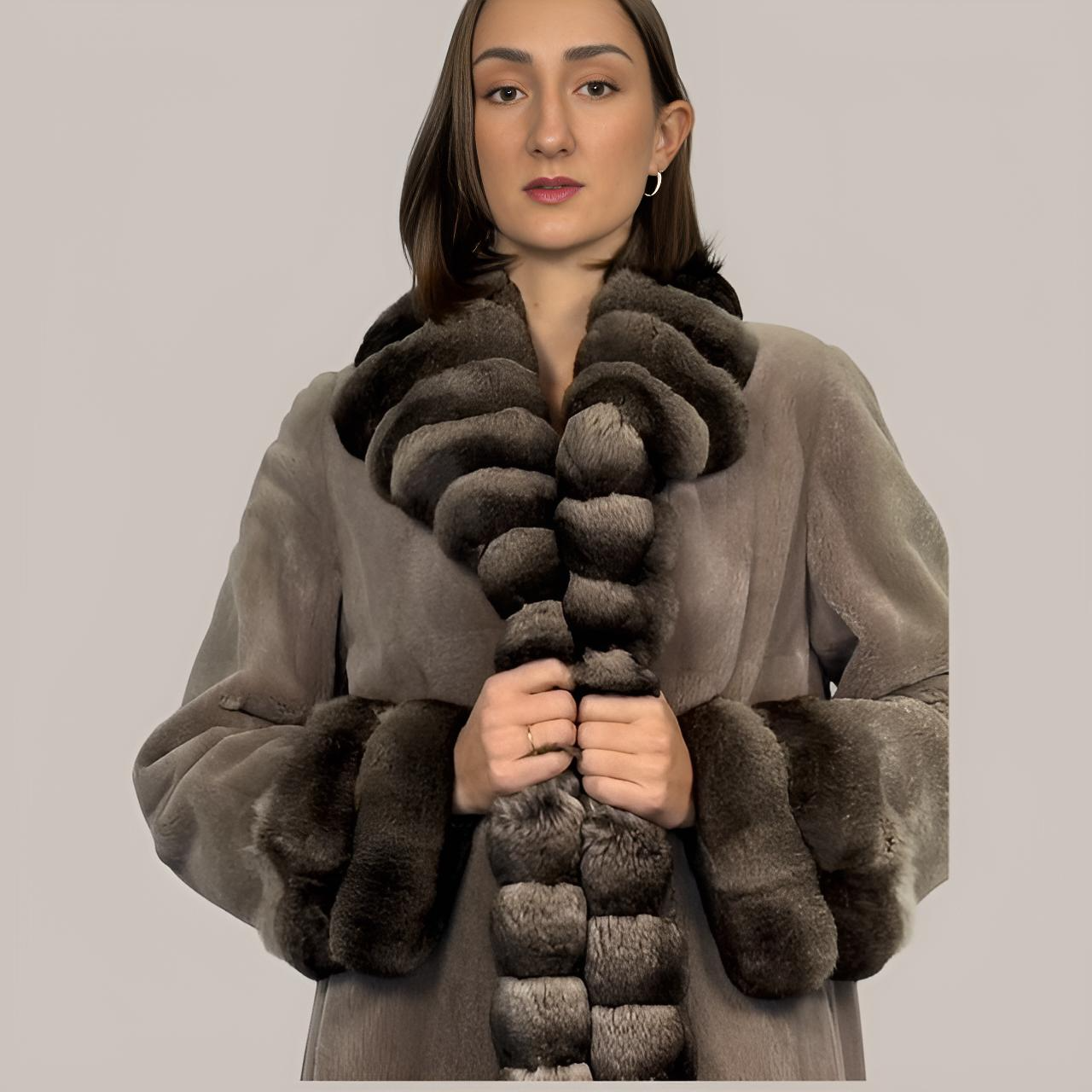 Taupe Sheared Mink Jacket & Dyed to Match Chinchilla Trim