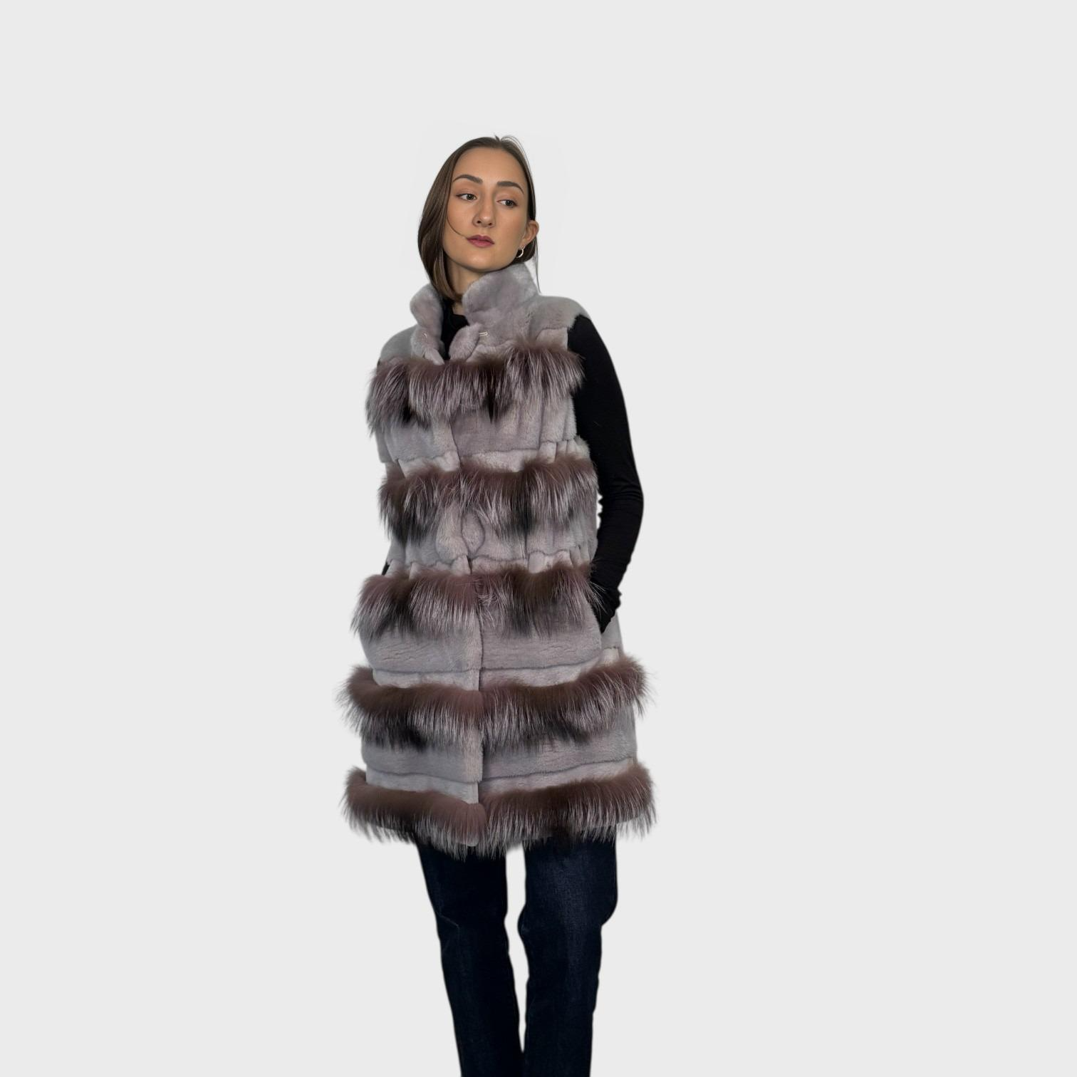 Lavender Dyed Female Mink Vest-Matching Silver Fox Trim