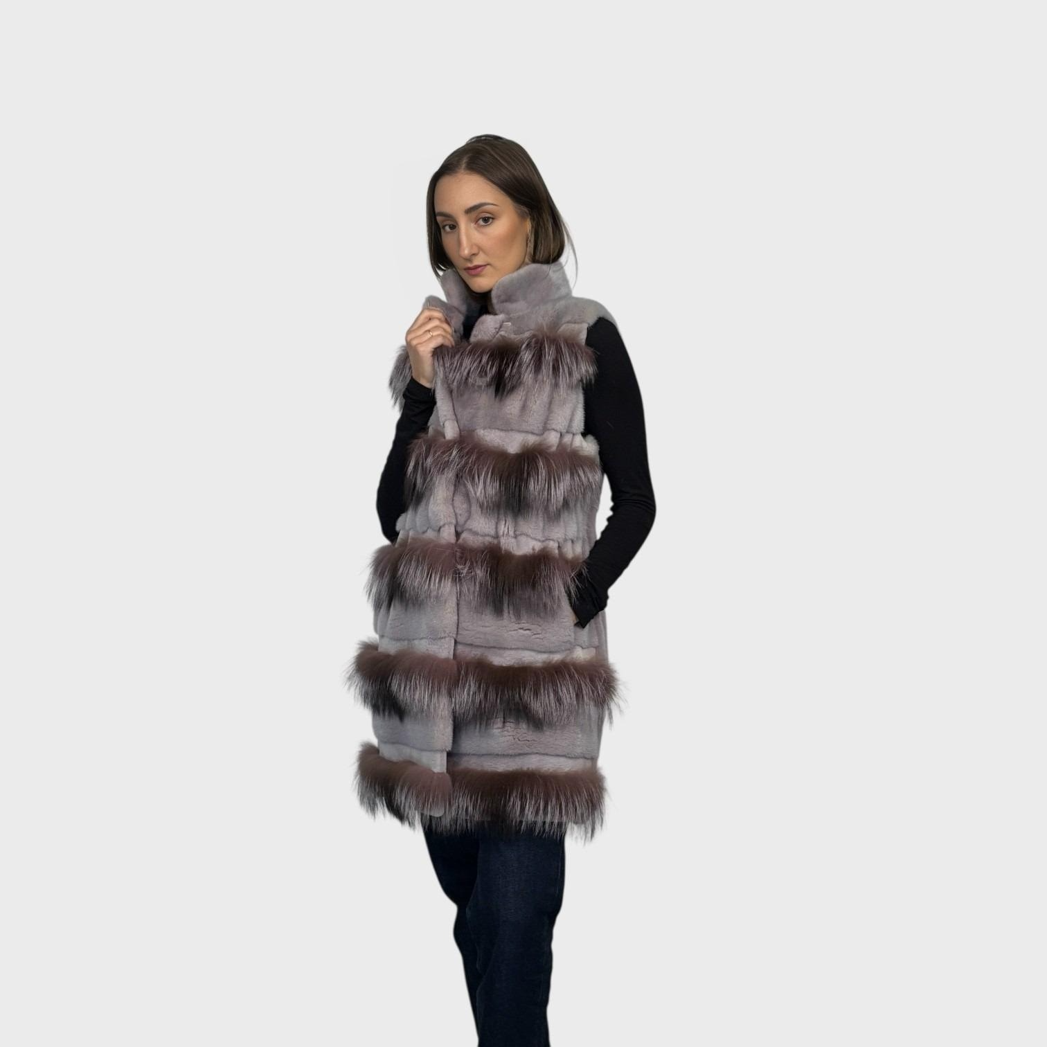 Lavender Dyed Female Mink Vest-Matching Silver Fox Trim