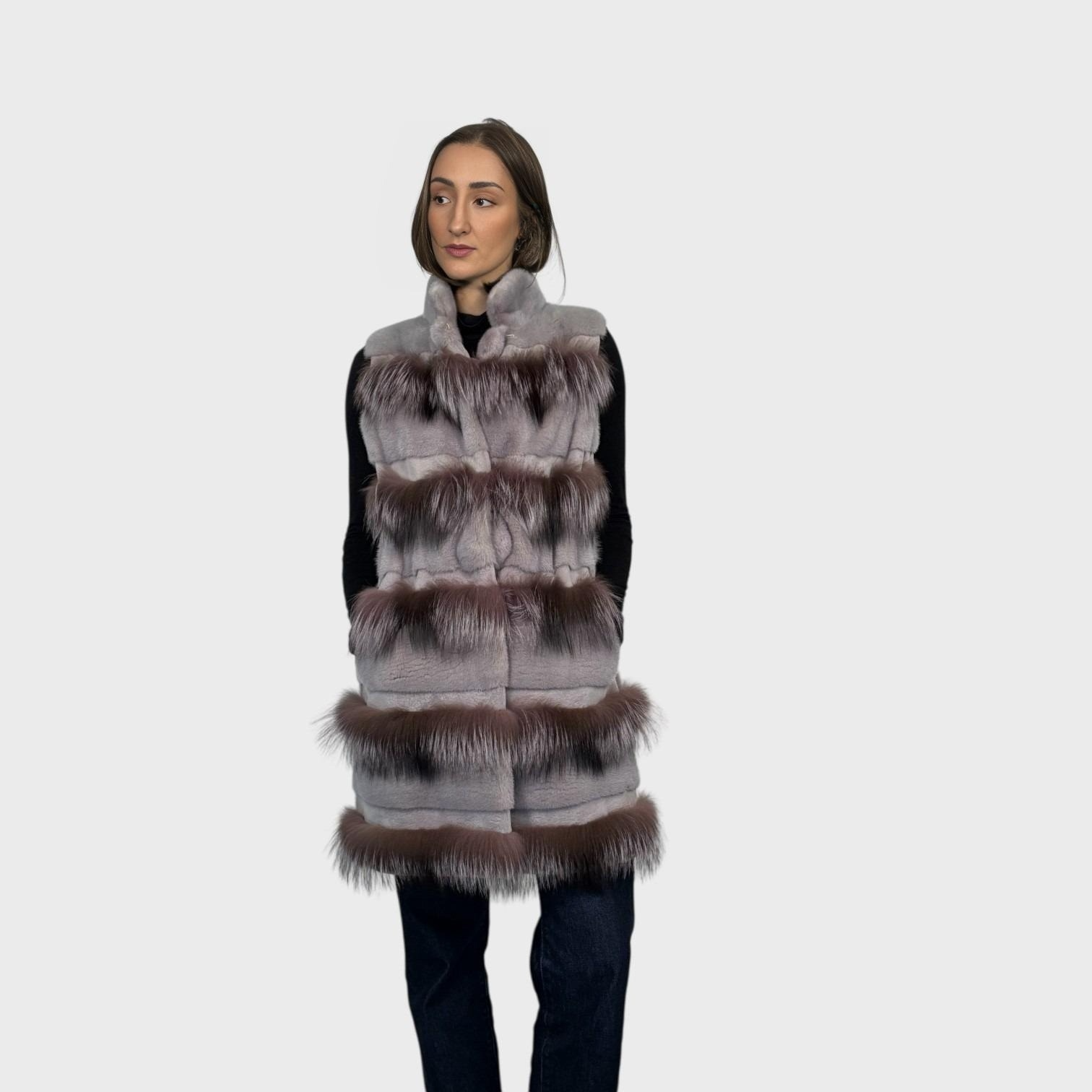 Lavender Dyed Female Mink Vest-Matching Silver Fox Trim