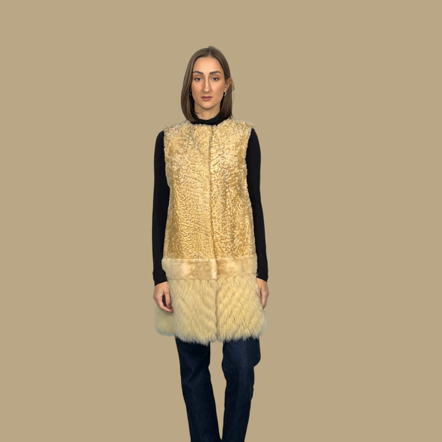 Beige Dyed Persian Lamb Vest - Mink & Fox Inserts