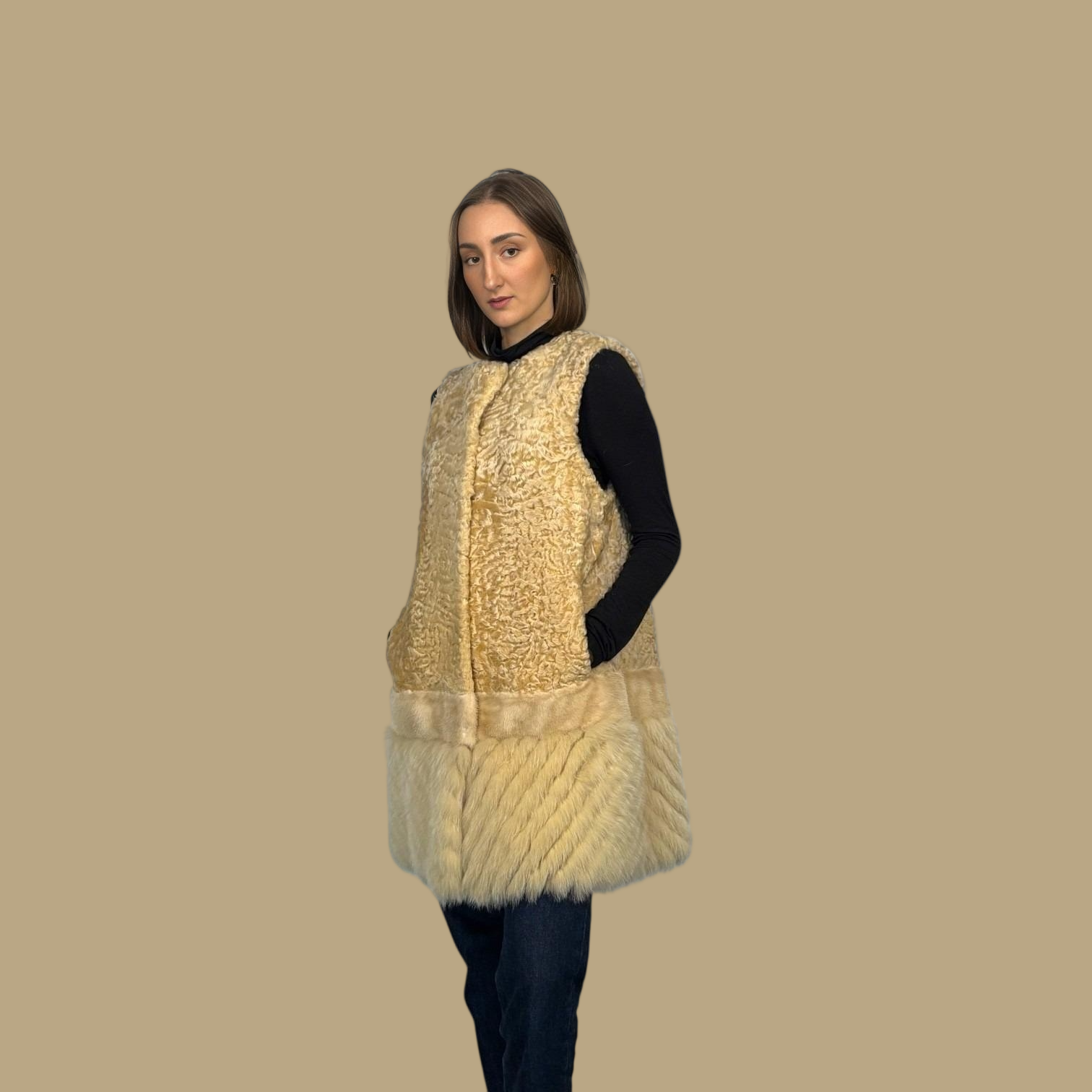 Beige Dyed Persian Lamb Vest - Mink & Fox Inserts