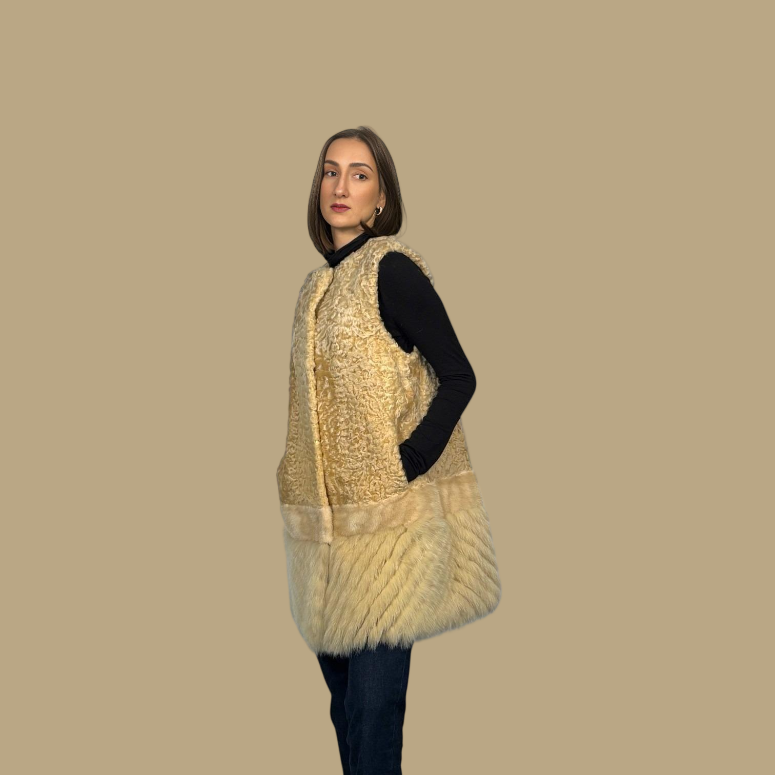 Beige Dyed Persian Lamb Vest - Mink & Fox Inserts