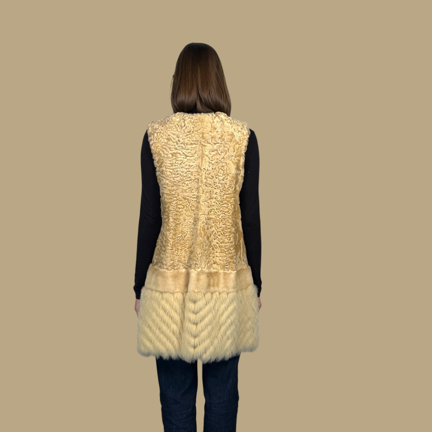 Beige Dyed Persian Lamb Vest - Mink & Fox Inserts