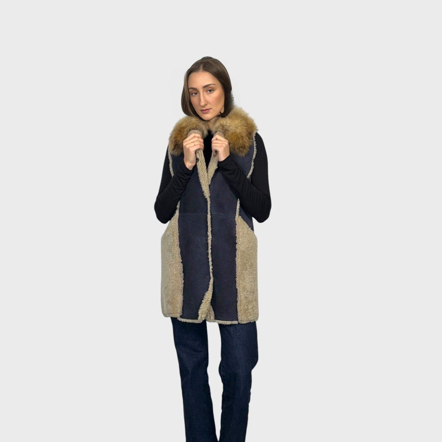 Denim Shearling Vest - Coyote Trim