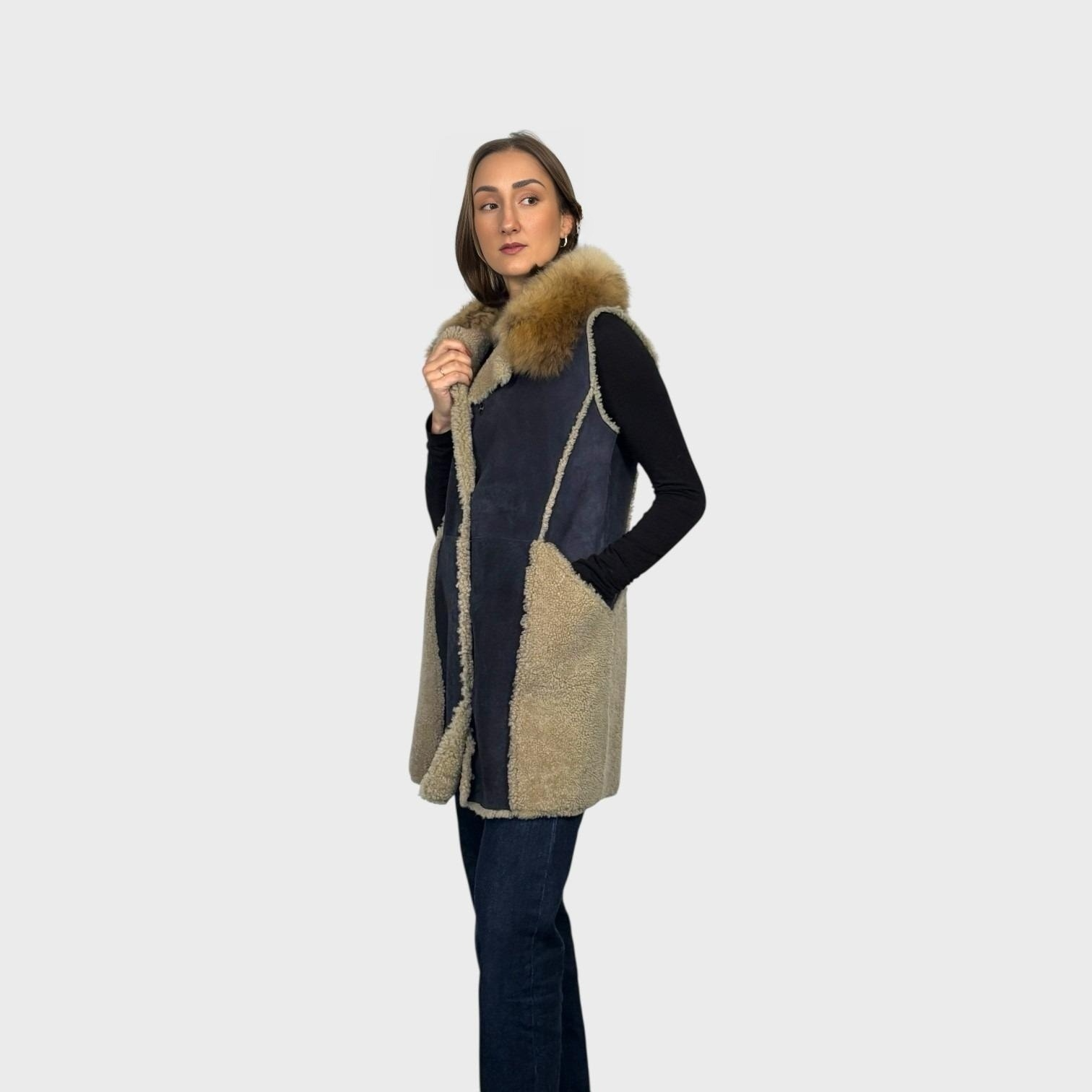 Denim Shearling Vest - Coyote Trim