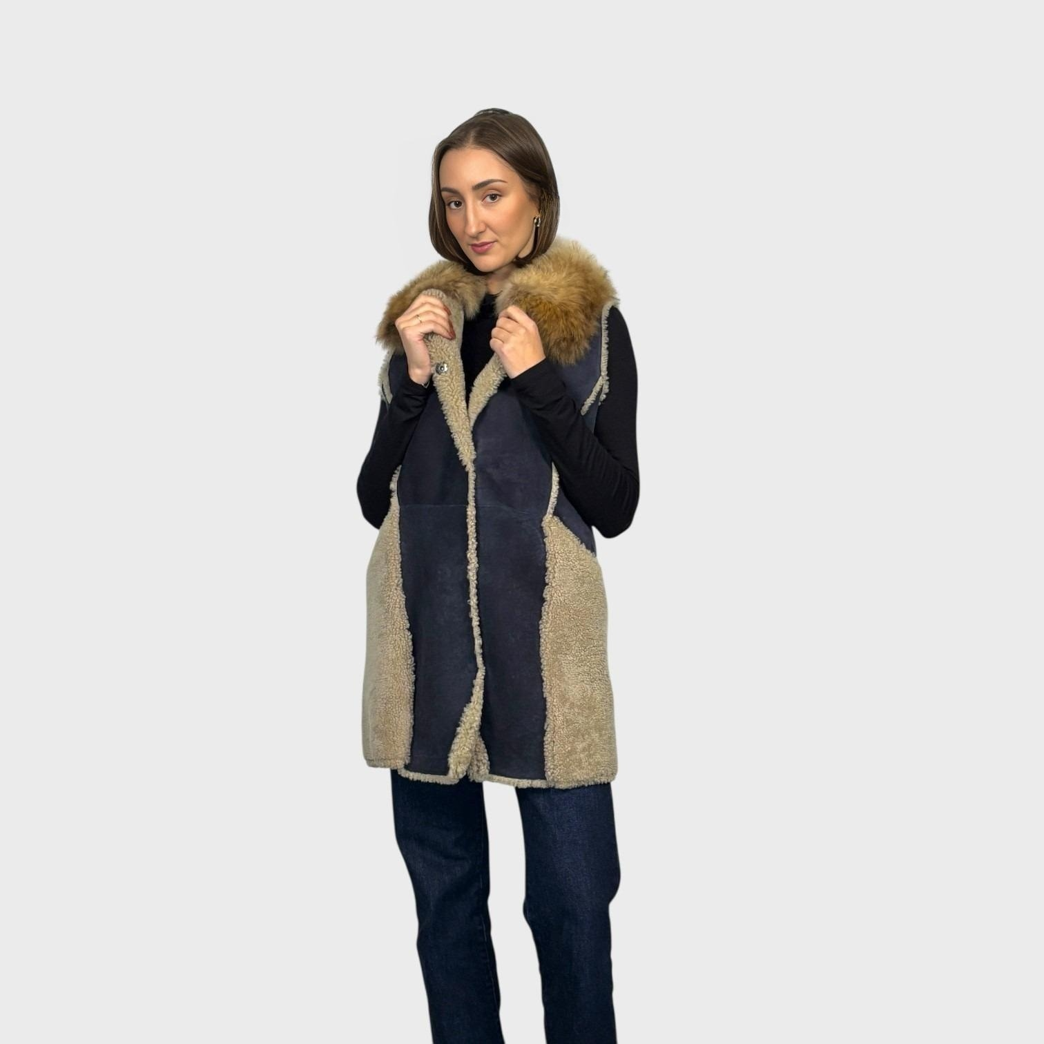 Denim Shearling Vest - Coyote Trim