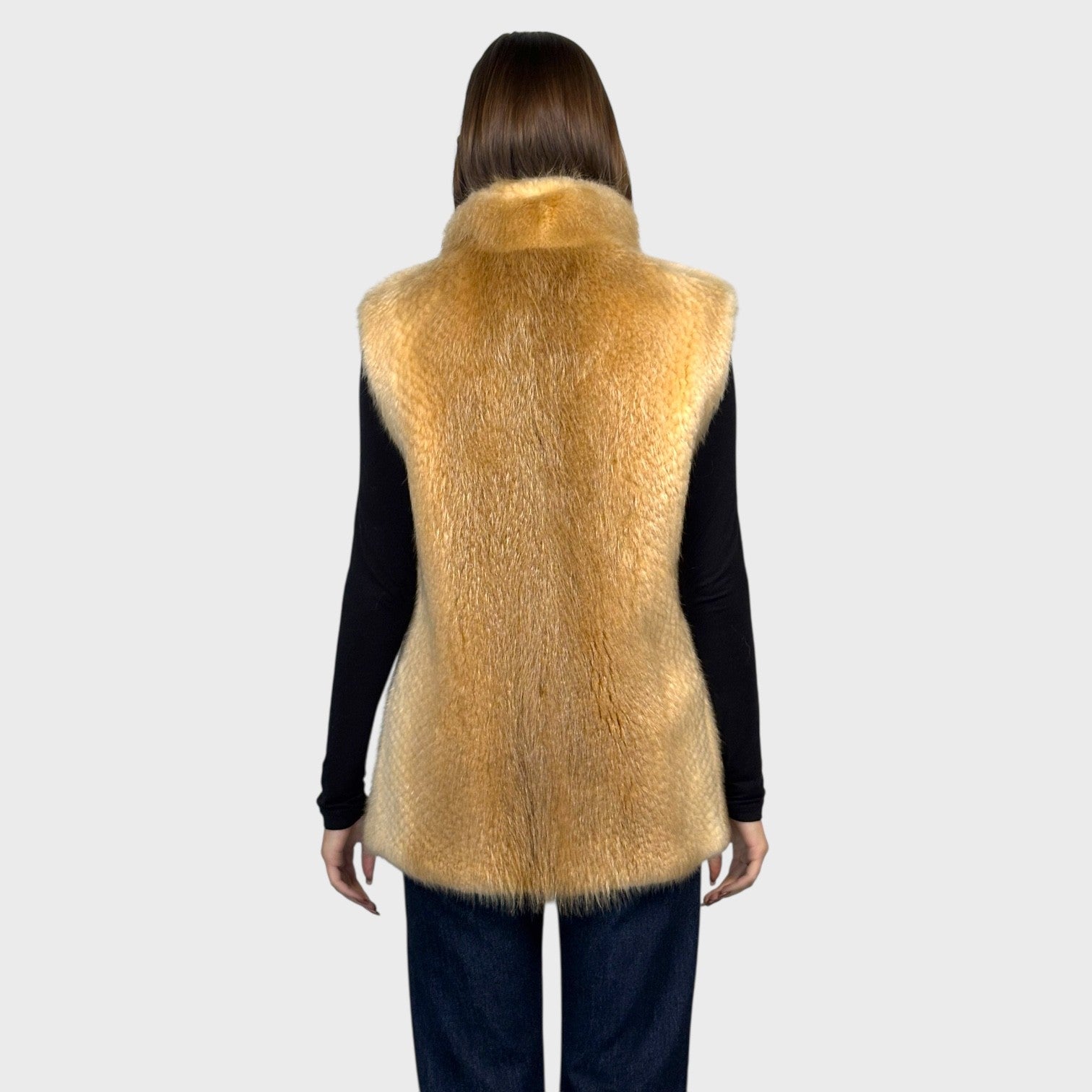 Camel Dyed Long Hair Beaver Vest - Perforated