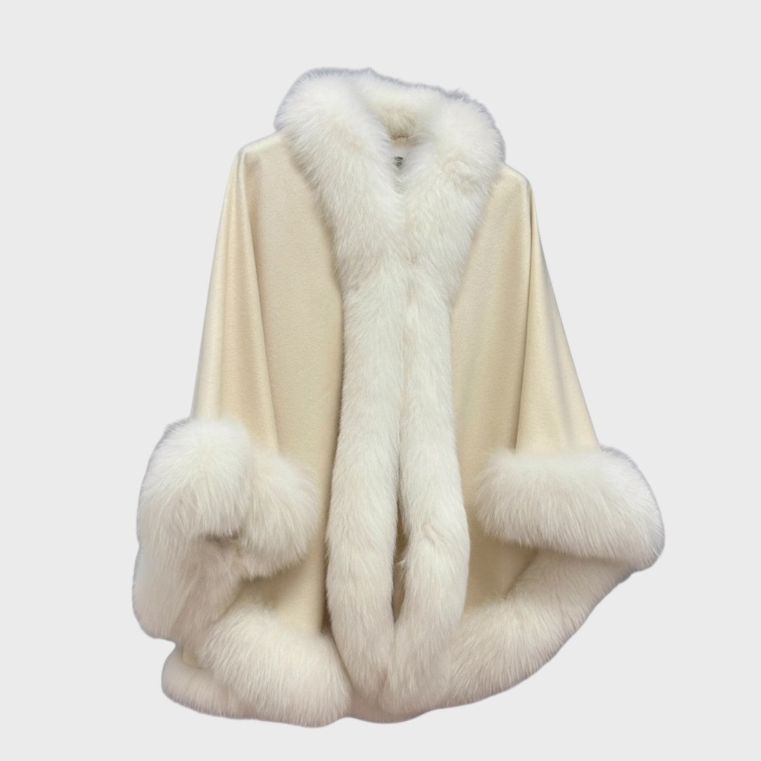 White 100% Cashmere Cape - Shadow Fox Trim
