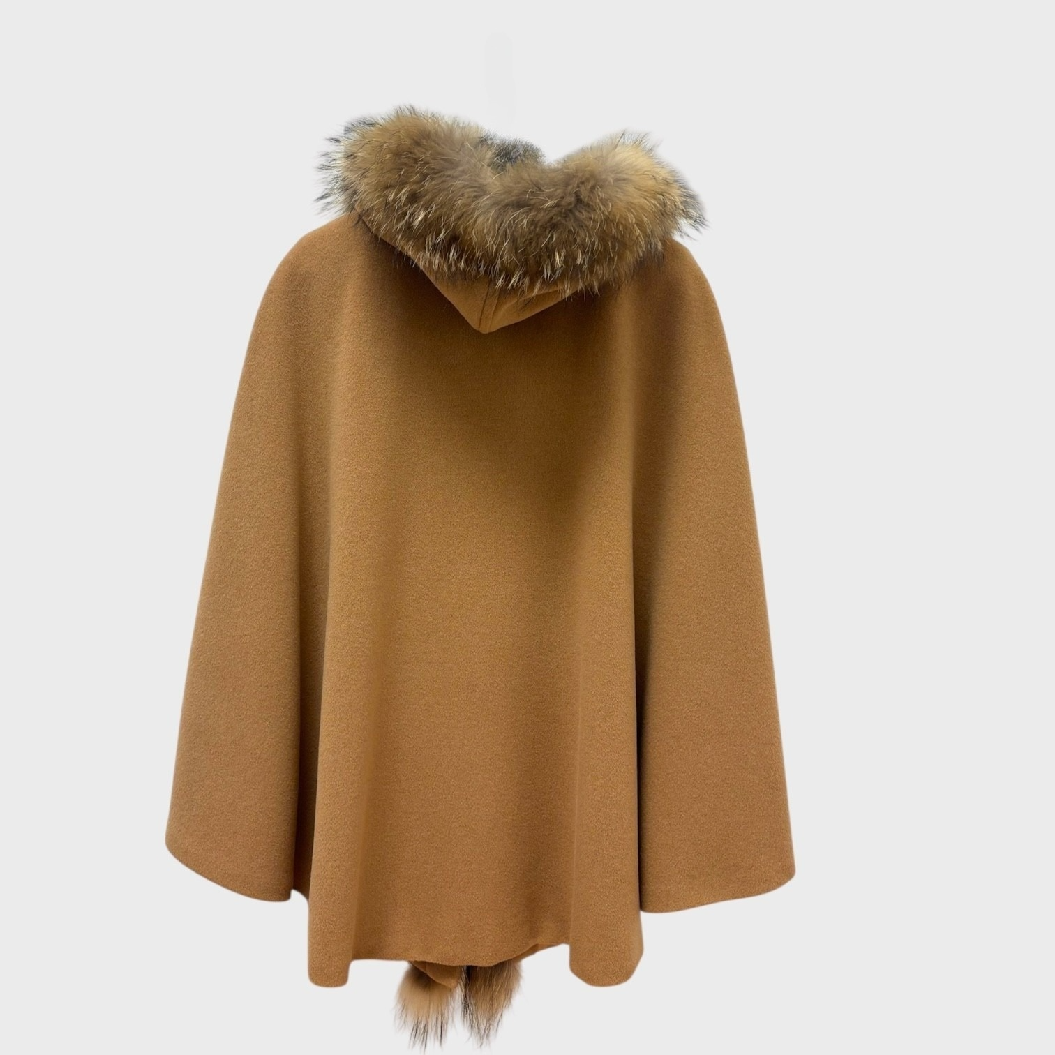 Camel Angora Hooded Cape - Finn Raccoon Trim