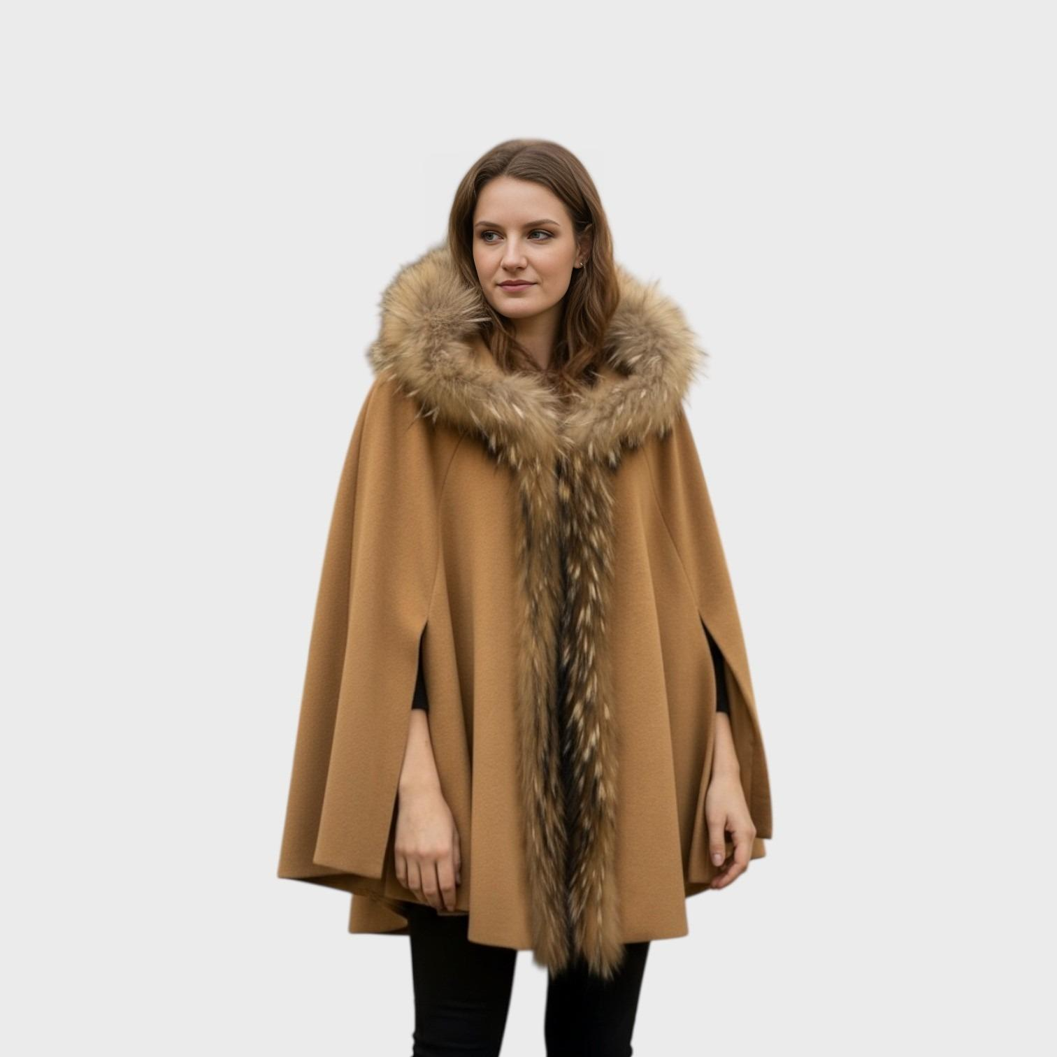 Camel Angora Hooded Cape - Finn Raccoon Trim