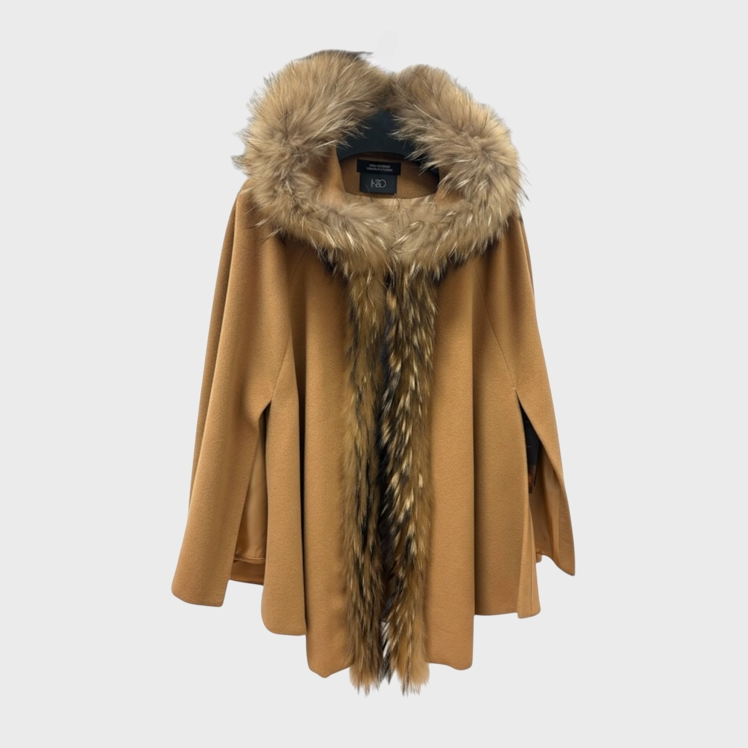 Camel Angora Hooded Cape - Finn Raccoon Trim