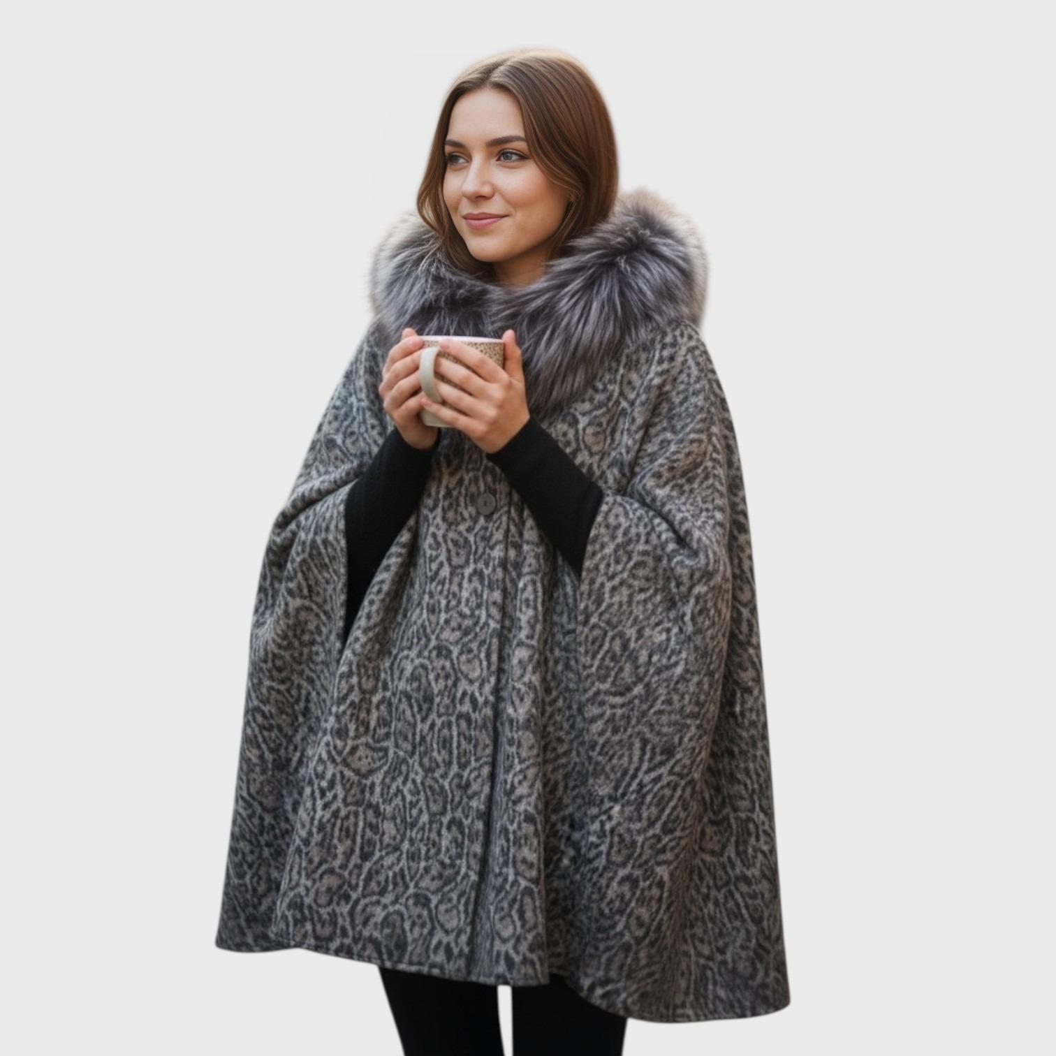 Animal Print Virgin Wool & Alpaca Hooded Cape - Silver Fox Trim
