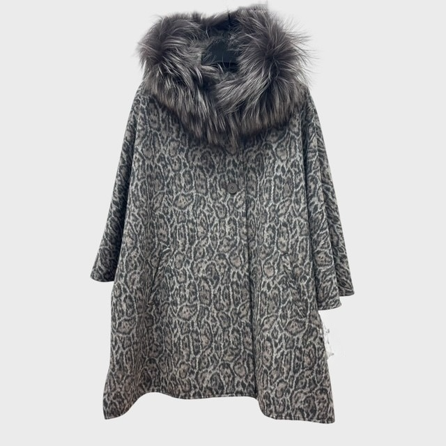 Animal Print Virgin Wool & Alpaca Hooded Cape - Silver Fox Trim