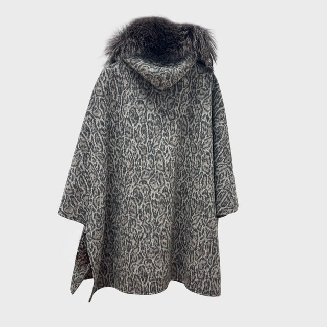 Animal Print Virgin Wool & Alpaca Hooded Cape - Silver Fox Trim