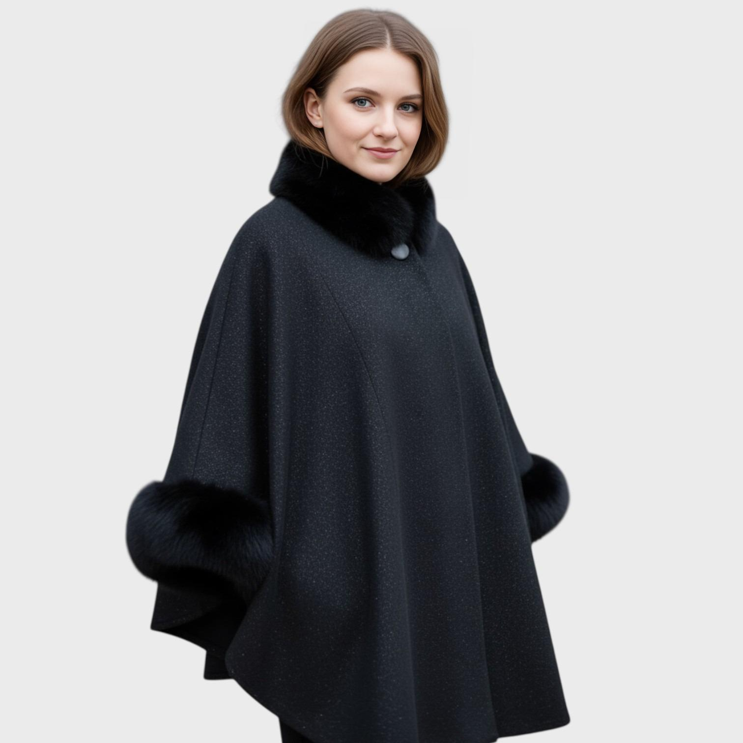 Black with Gold speckles Virgin Wool Cape & Black Fox Trim