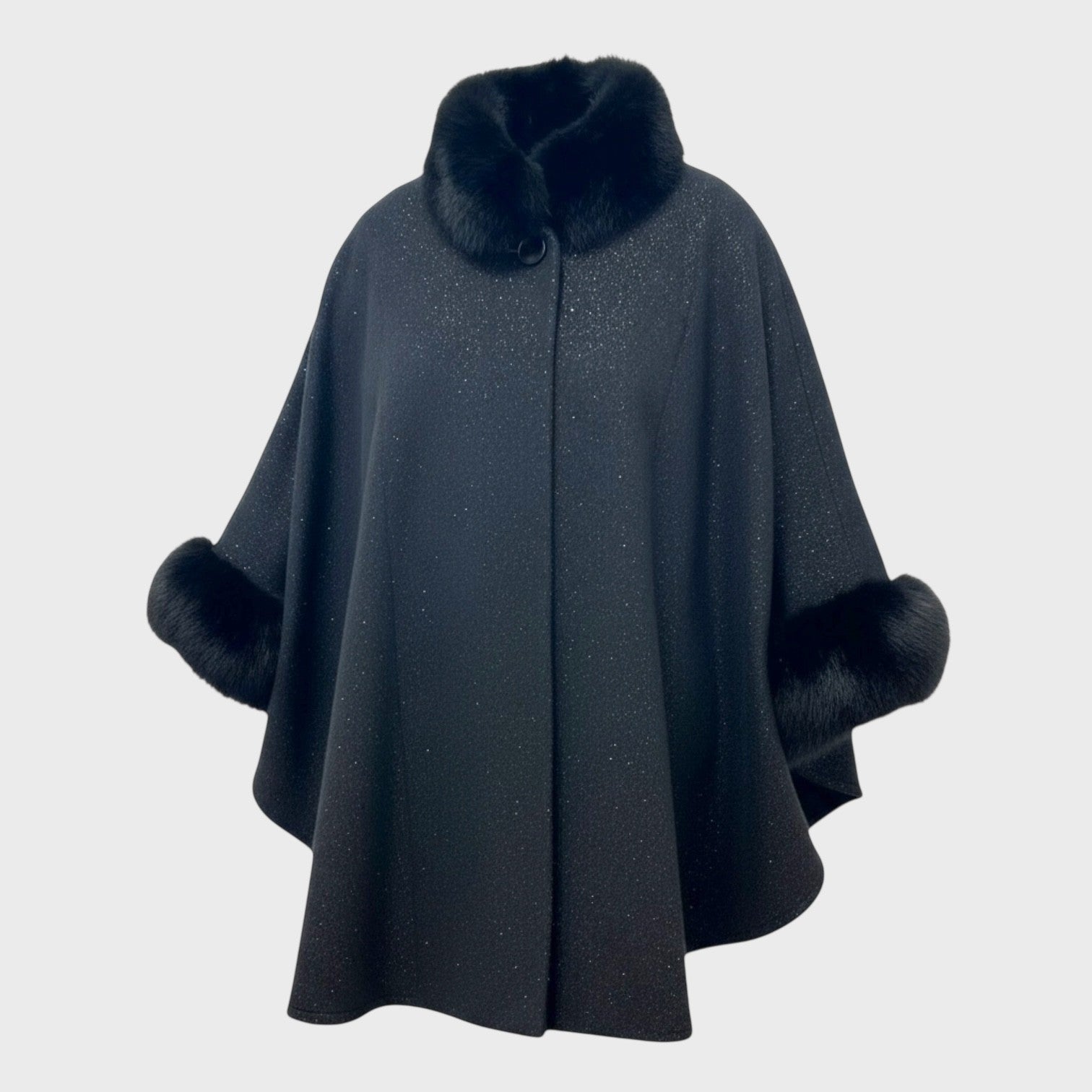 Black with Gold speckles Virgin Wool Cape & Black Fox Trim
