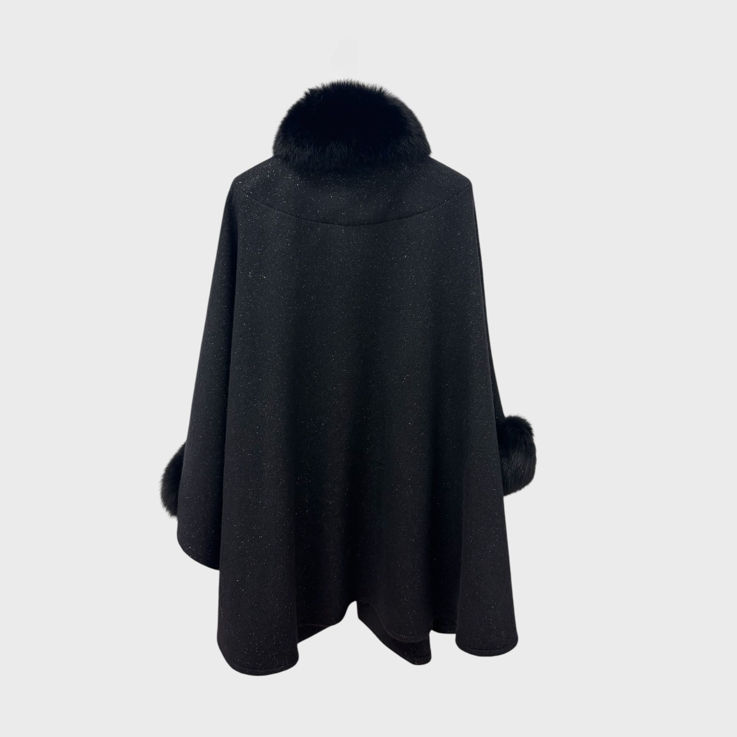 Black with Gold speckles Virgin Wool Cape & Black Fox Trim