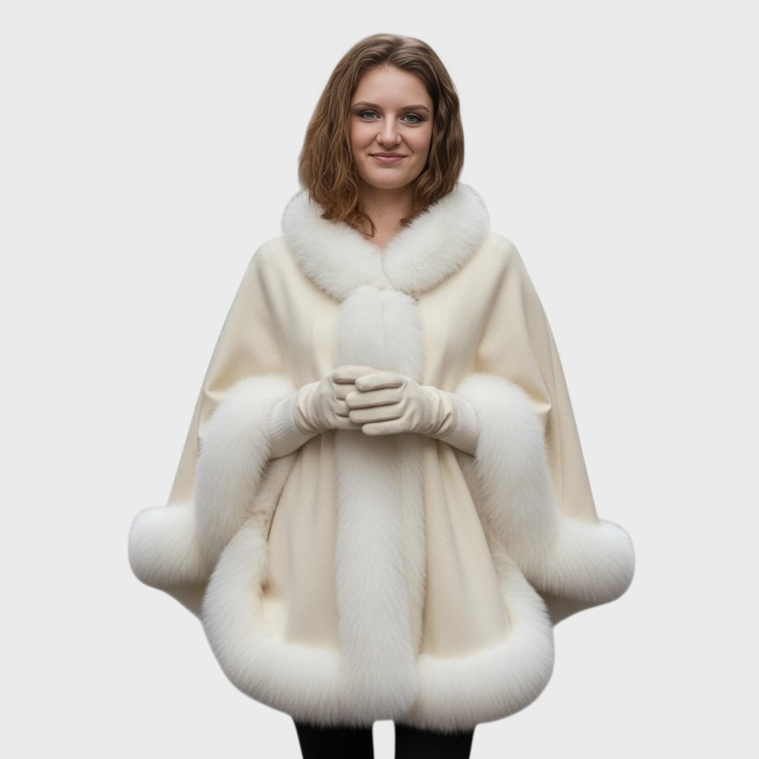 White 100% Cashmere Cape - Shadow Fox Trim