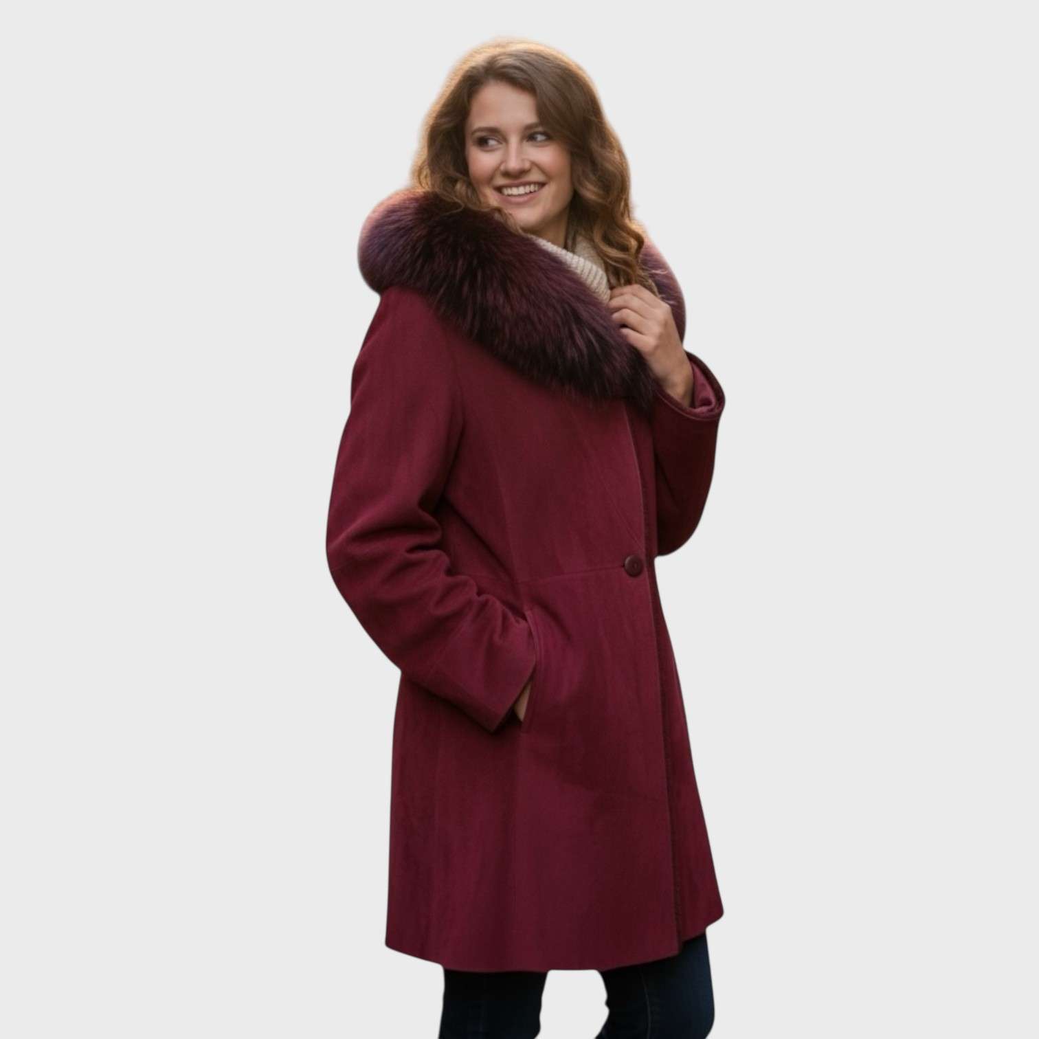 Marsala Black Suede Shearling Hooded Jacket - Silver Fox Trim