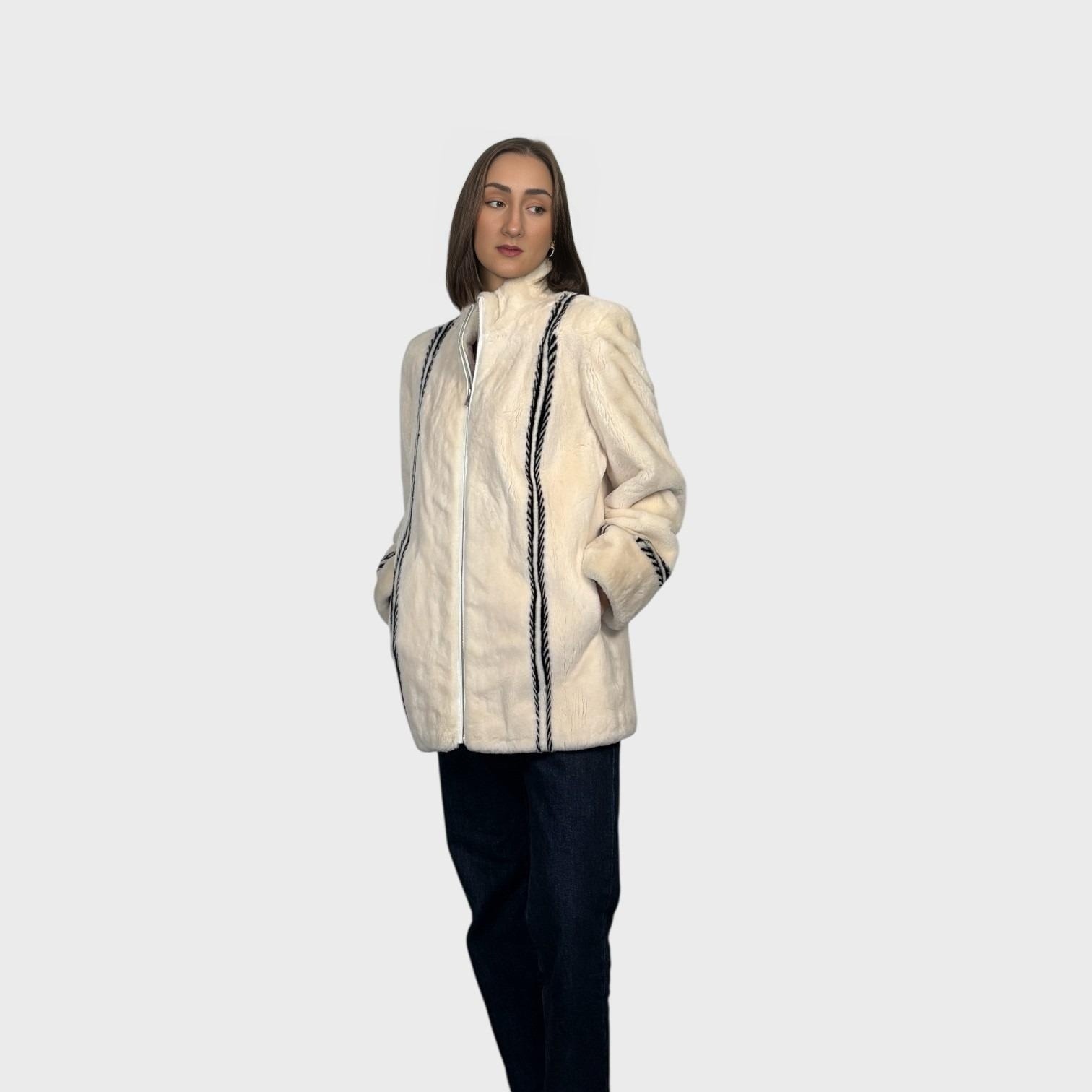 White Sheared Beaver Jacket with Inserts