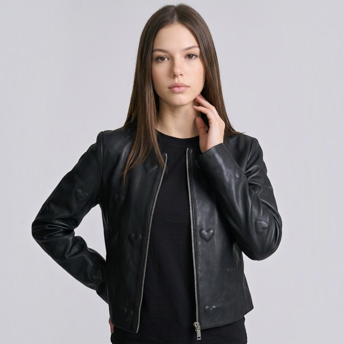Black Leather Jacket - Heart detail