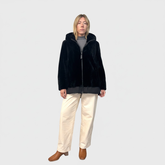 Black Sheared Mink Paw Hooded Jacket - Zipper Details