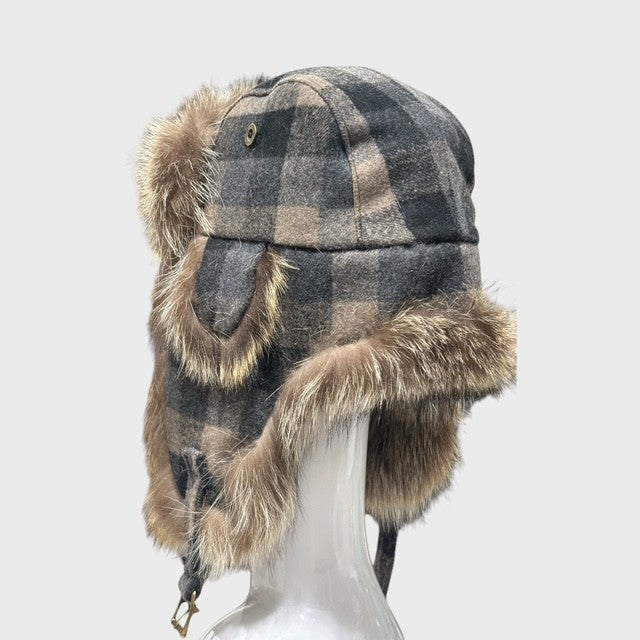 Natural Raccoon Aviator Style Hat - Plaid Fabric