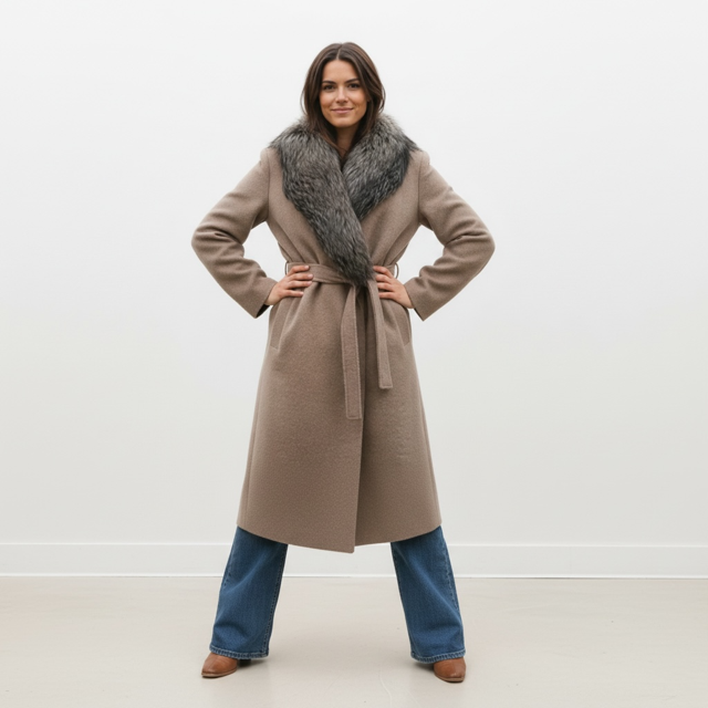 Baby Alpaca 7/8 Coat  with Detachable Fox Collar