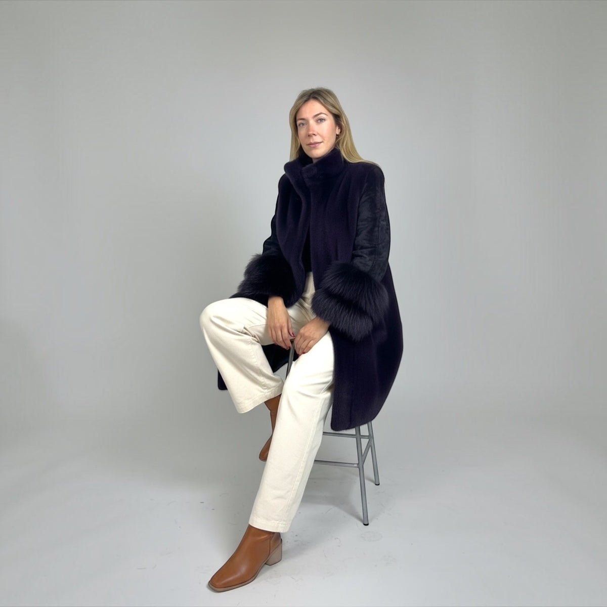 Purple Dyed Female Mink 7/8 Coat - Matching Swakara Sleeves & Fox trim