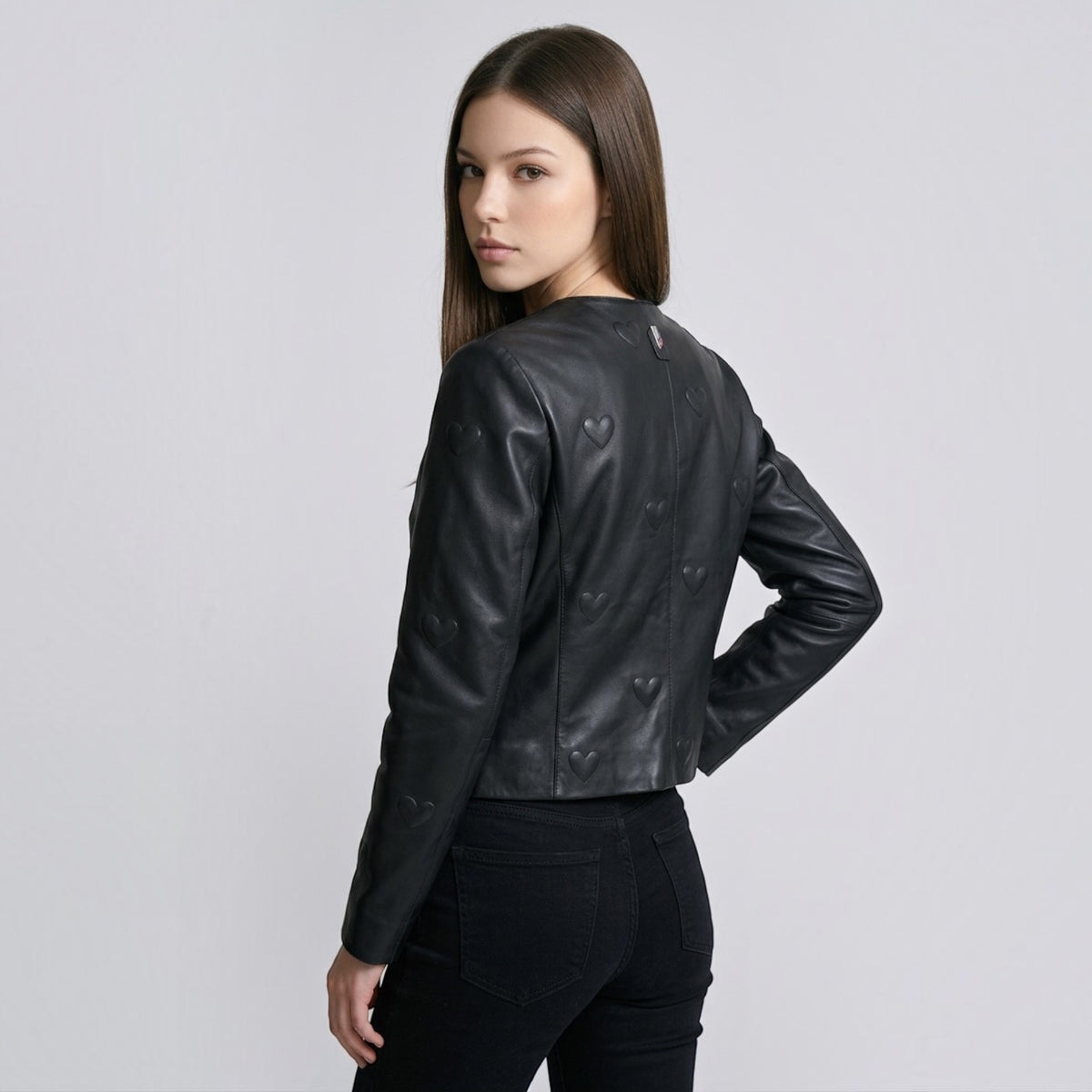 Black Leather Jacket - Heart detail