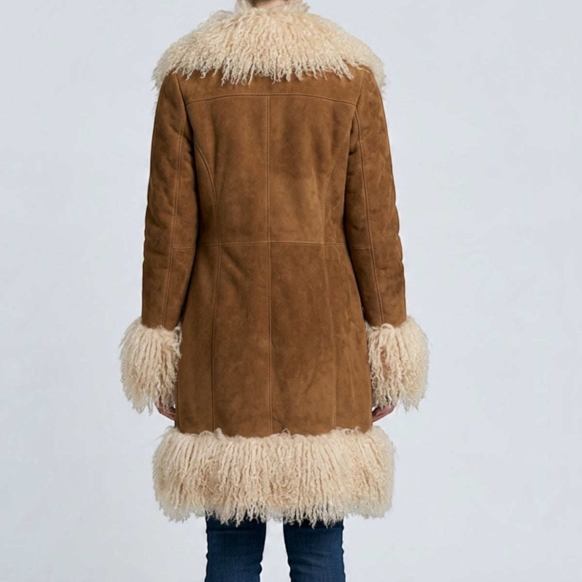Suede Coat with Mongolian Lamb Trim