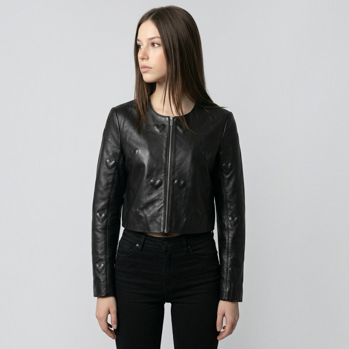 Black Leather Jacket - Heart detail