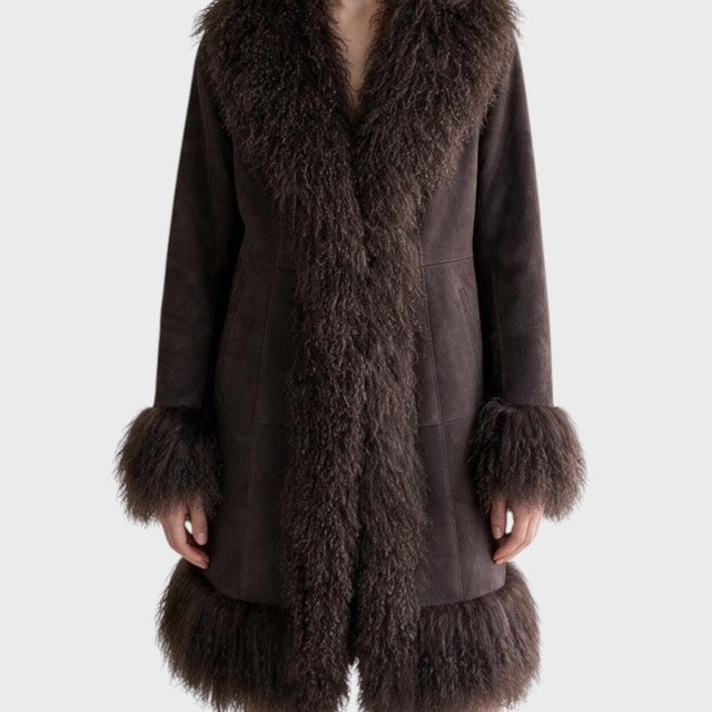 Suede Coat with Mongolian Lamb Trim