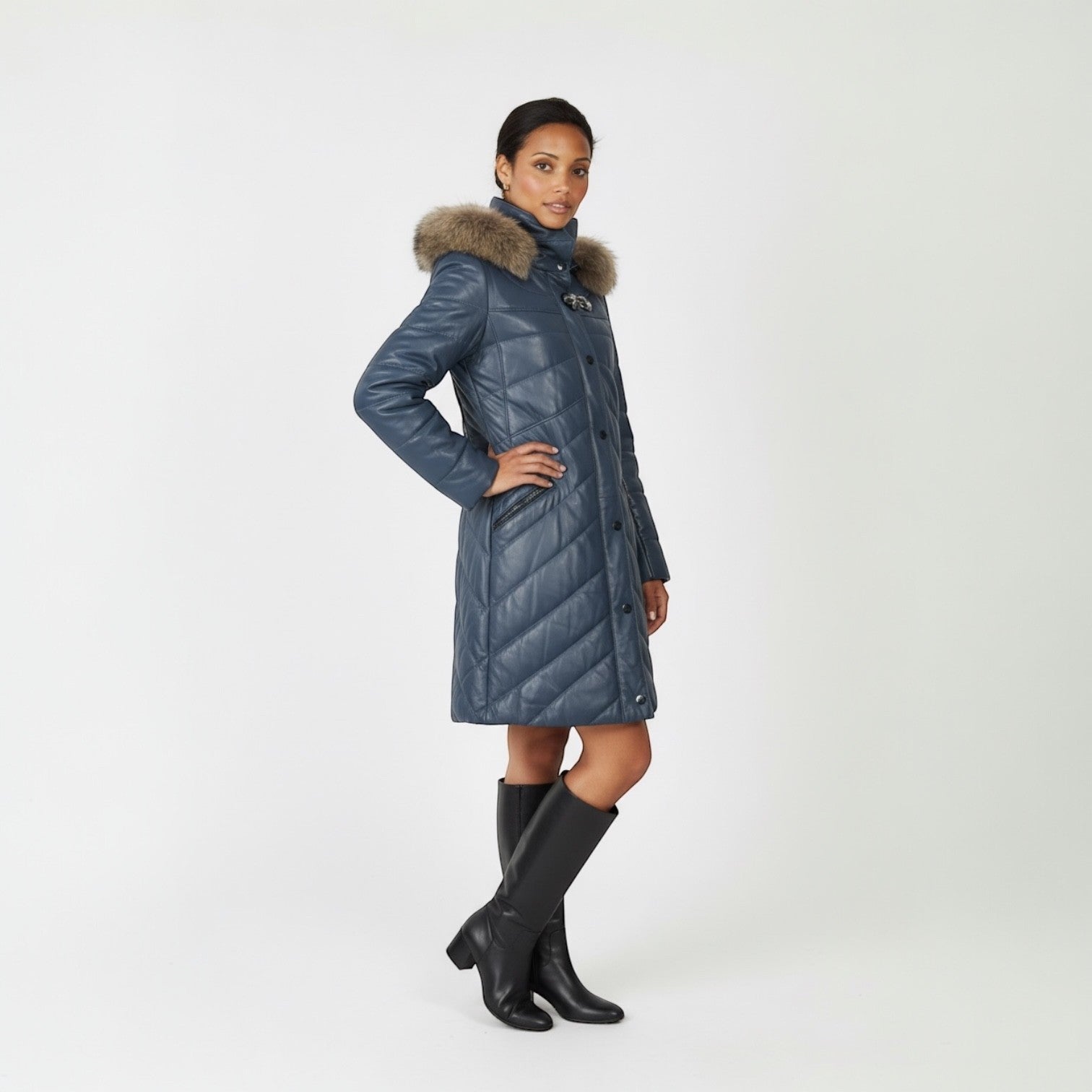 Denim Blue Leather Jacket - Detachable Hood Fur Trim