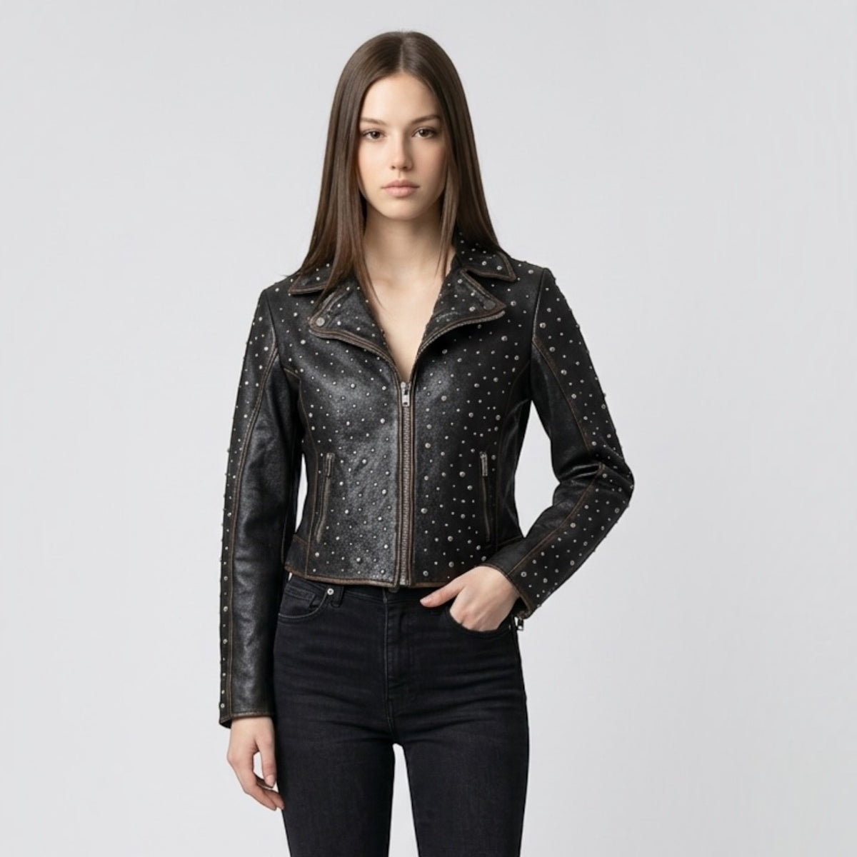 Roxanne RF Leather Jacket-Vintage Black