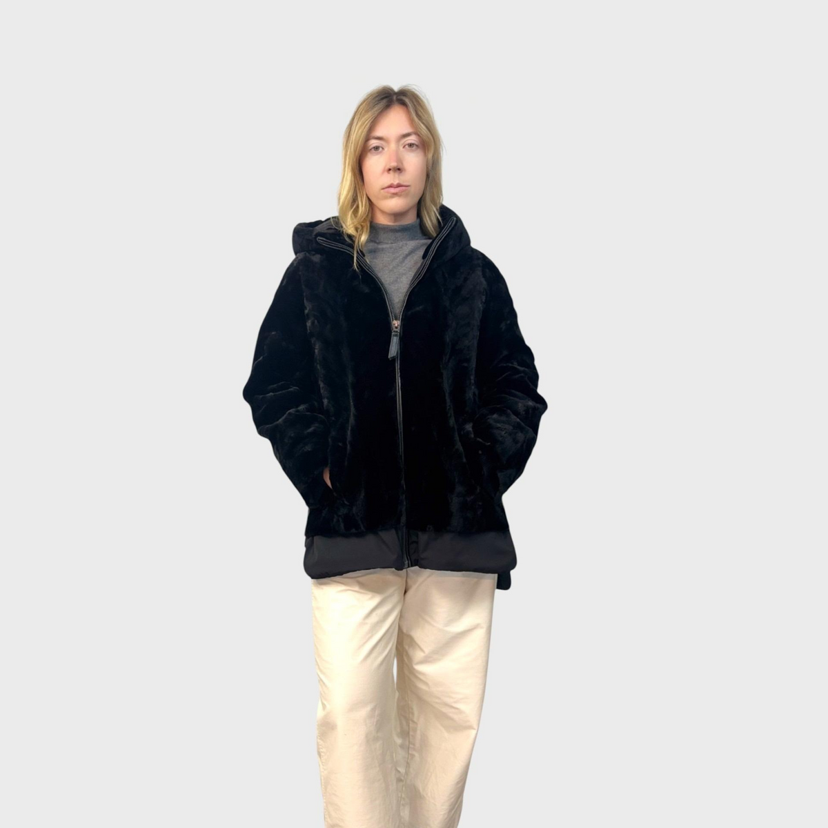 Black Sheared Mink Paw Hooded Jacket - Zipper Details