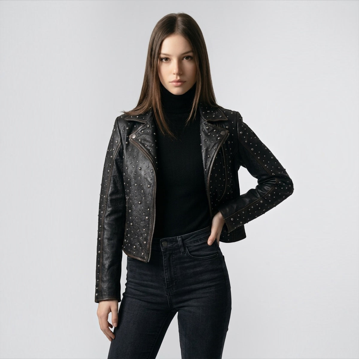Roxanne RF Leather Jacket-Vintage Black