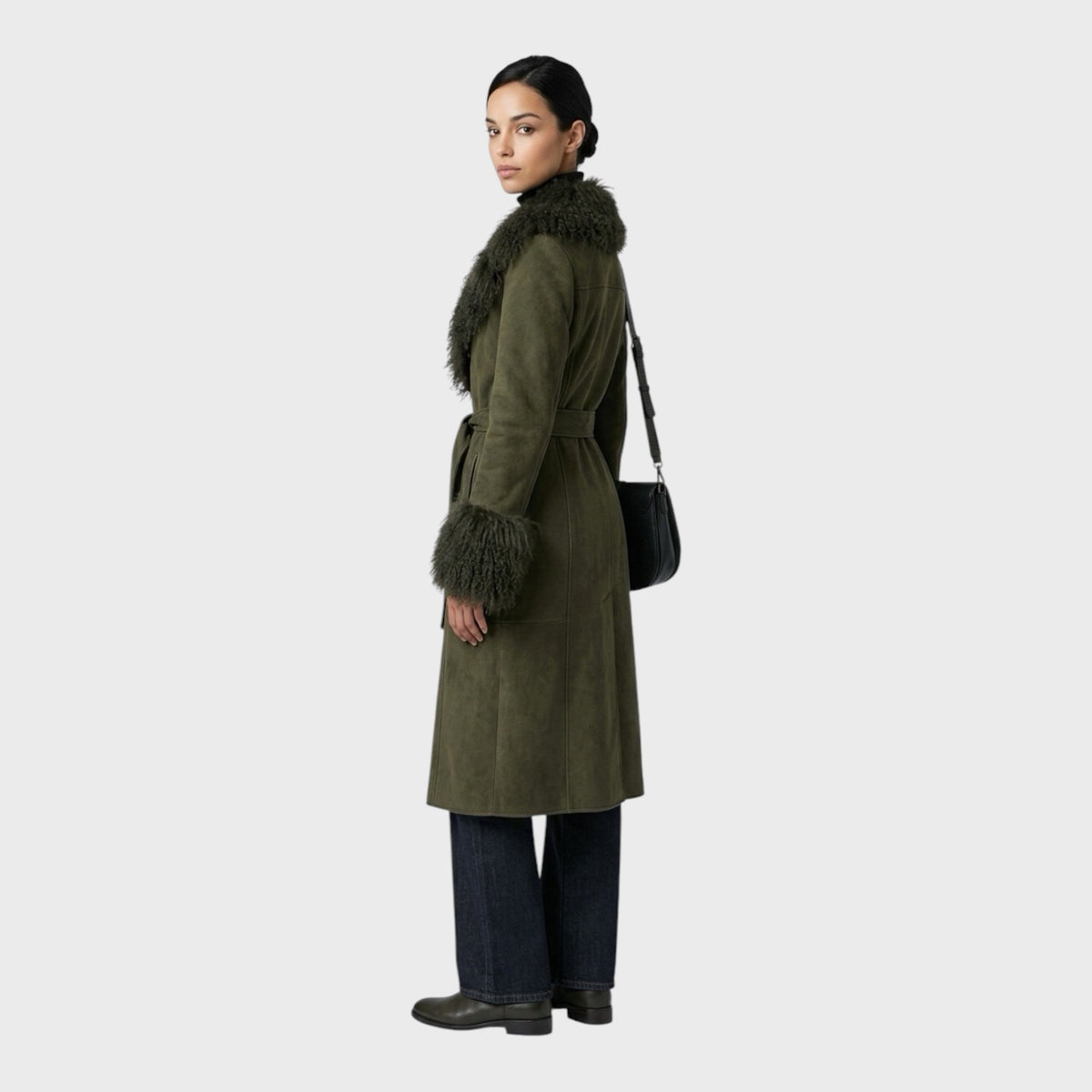 Olive Suede Coat with Mongolian Lamb Collar & Cuffs