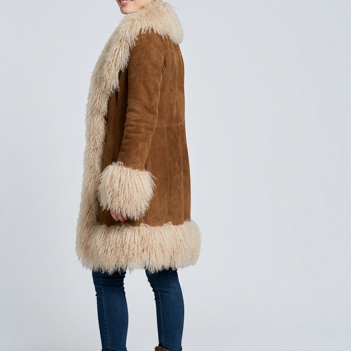 Suede Coat with Mongolian Lamb Trim