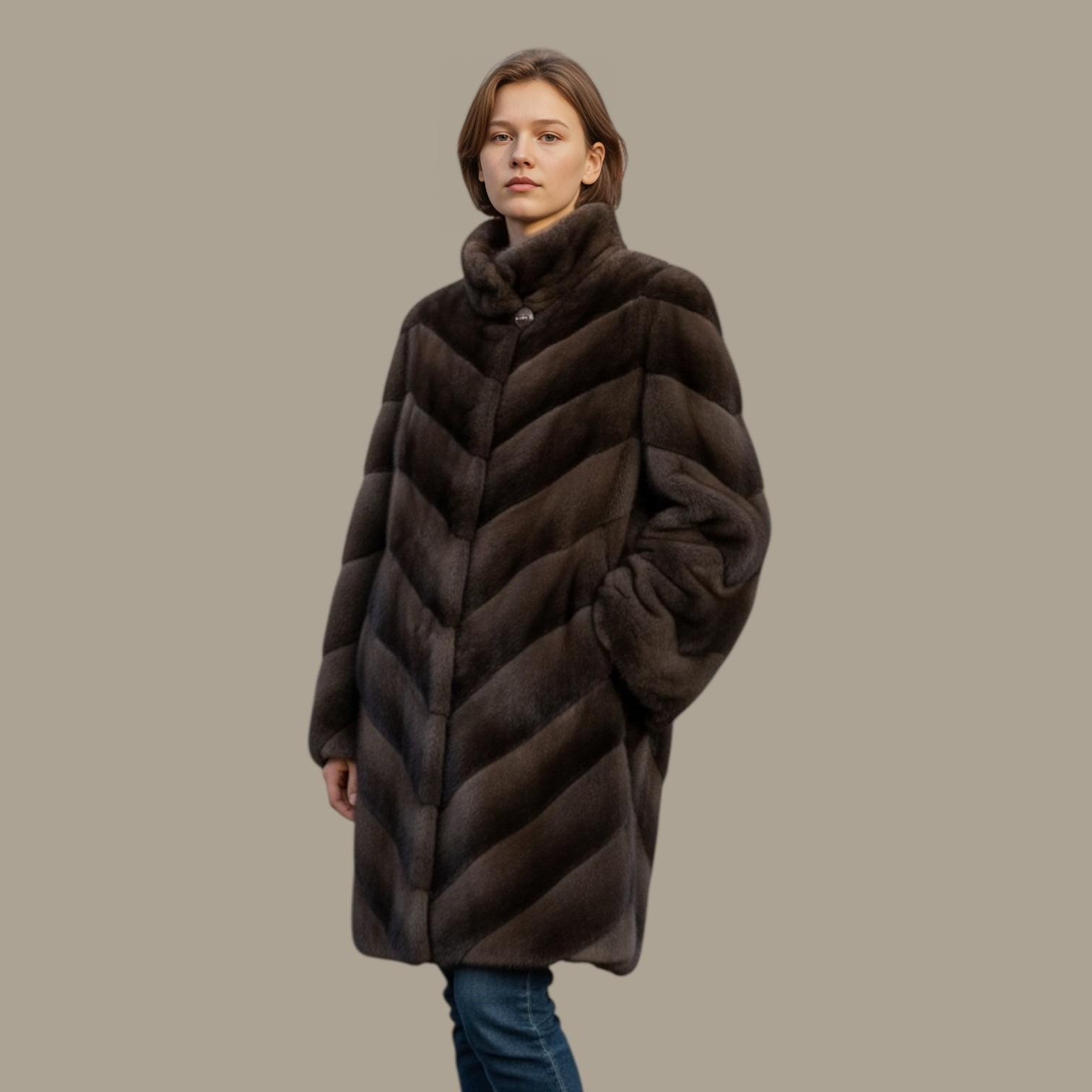 Brown Dyed Chevron Style Female Mink 3/4 Coat
