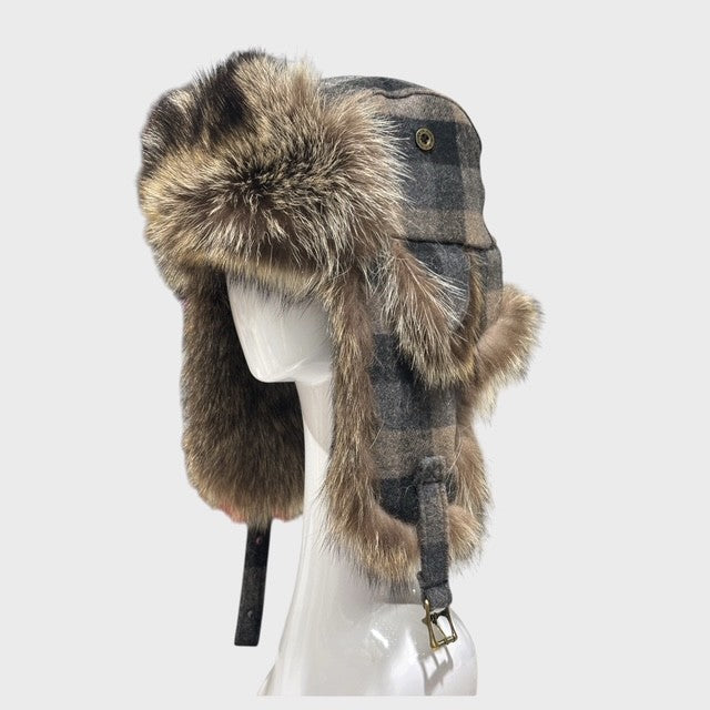 Natural Raccoon Aviator Style Hat - Plaid Fabric